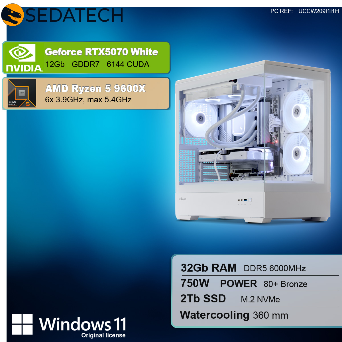 Case per computer bianco con scheda grafica Nvidia RTX5070 White. Le specifiche includono 32 Gb di RAM, alimentatore da 750 W, 2 Tb SSD.