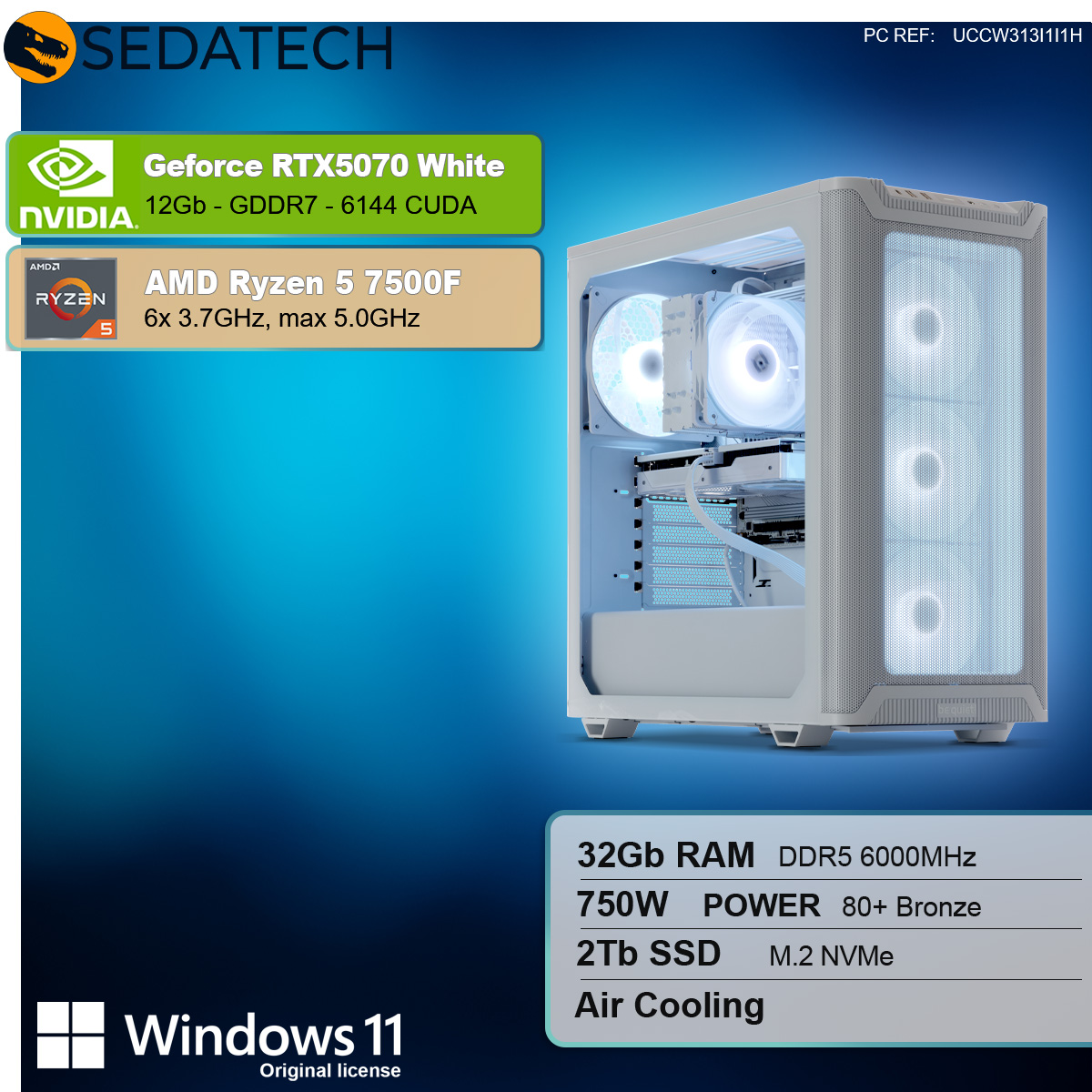 Case per PC da gioco bianco con componenti interni visibili.