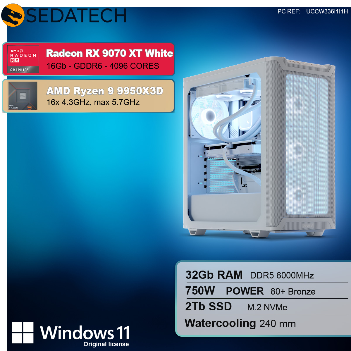 Case PC bianco con componenti, specifiche e logo Windows 11.