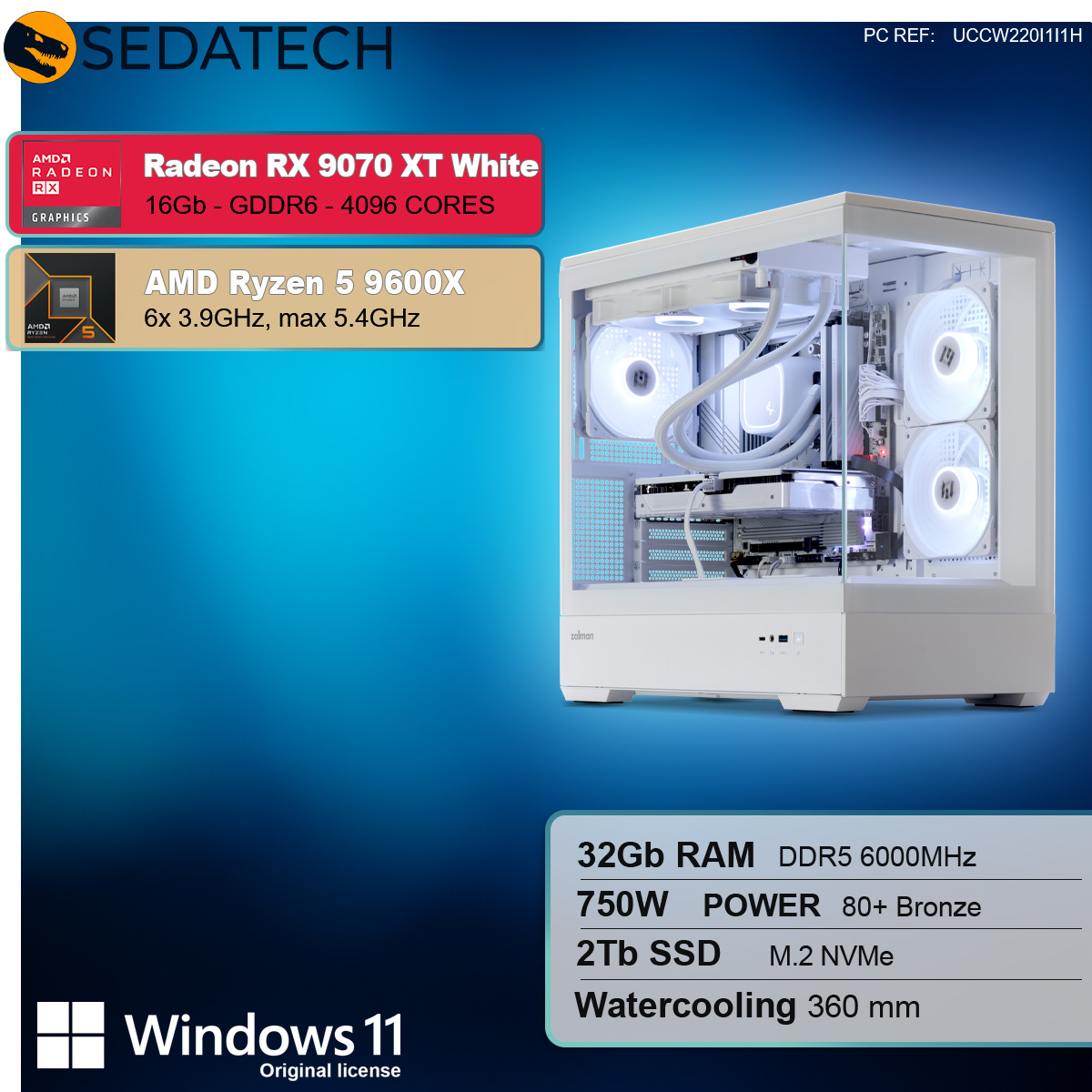 Case PC bianco con componenti all'interno e specifiche sul lato.