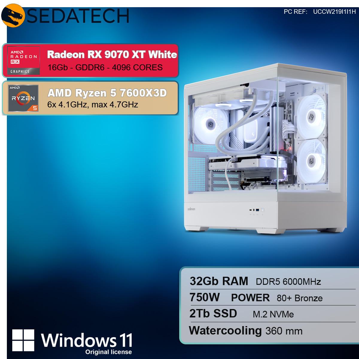 Case PC bianco con componenti interni, specifiche a sinistra, logo Windows 11 in basso.
