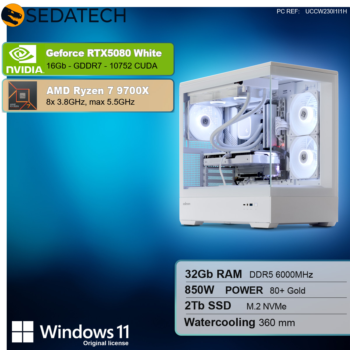 Un case per computer bianco con componenti, etichettato 'Geforce RTX5080 White', 'AMD Ryzen 7 9700X'. Sono presenti infografiche.