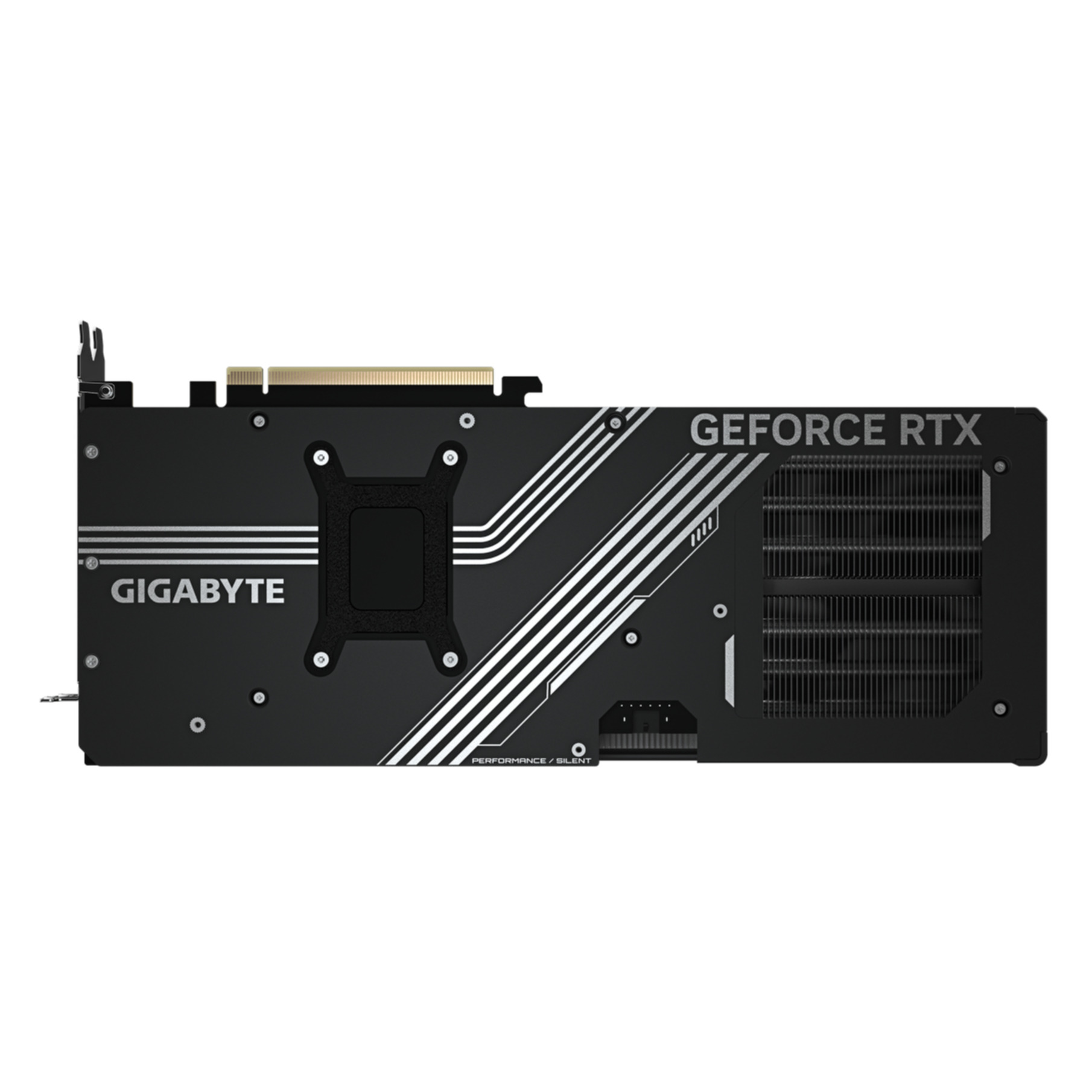 Czarna karta graficzna ze słowami 'GEFORCE RTX' i 'GIGABYTE' na białym tle.