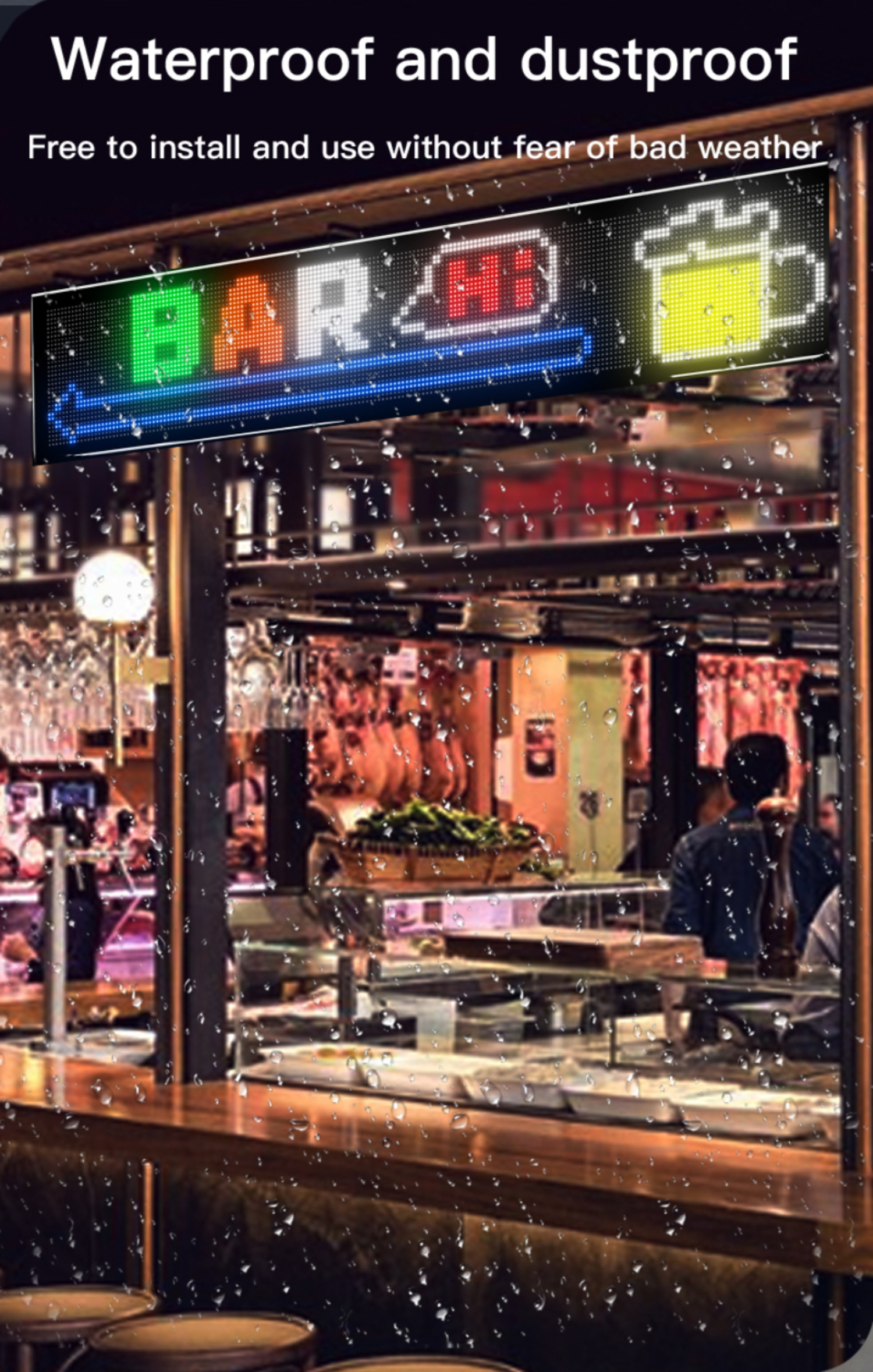 Beleuchtetes LED-Barschild mit dem Wort BAR, einem Bierkrug und Regenfall.