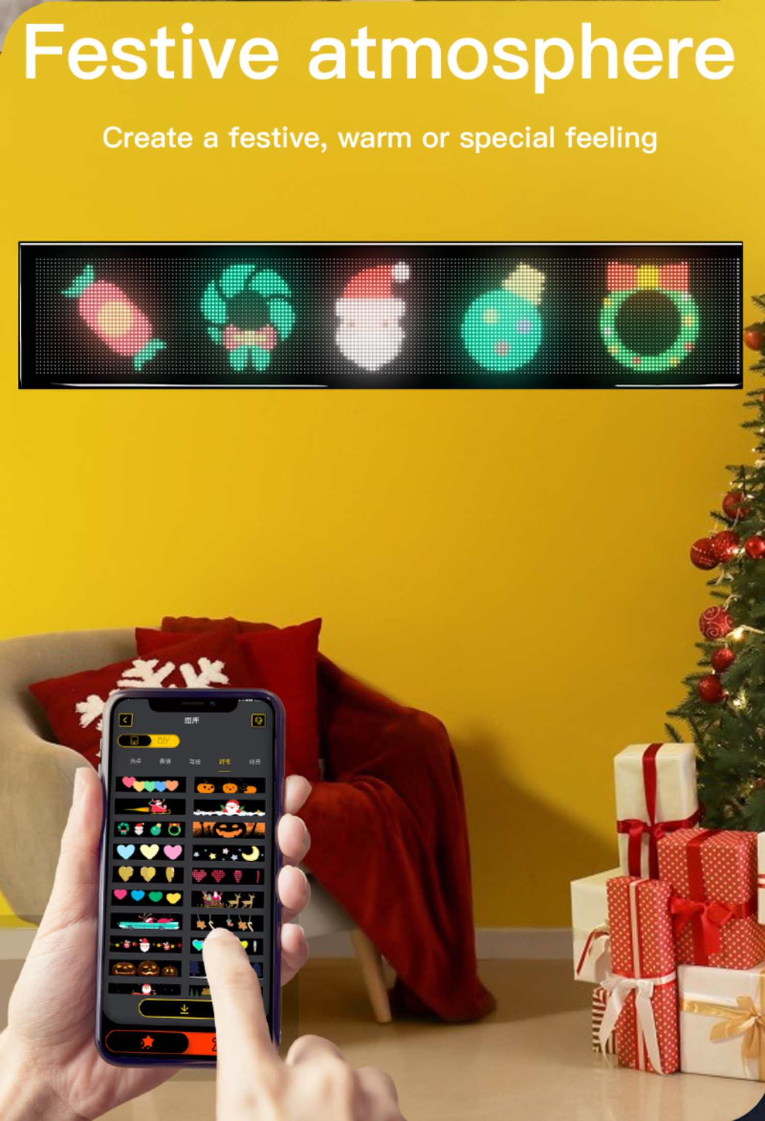 Handy mit Weihnachtssymbolen. Anzeige mit Süßigkeit, Kranz, Santa, Kugel und Kranz. Gelber Hintergrund.