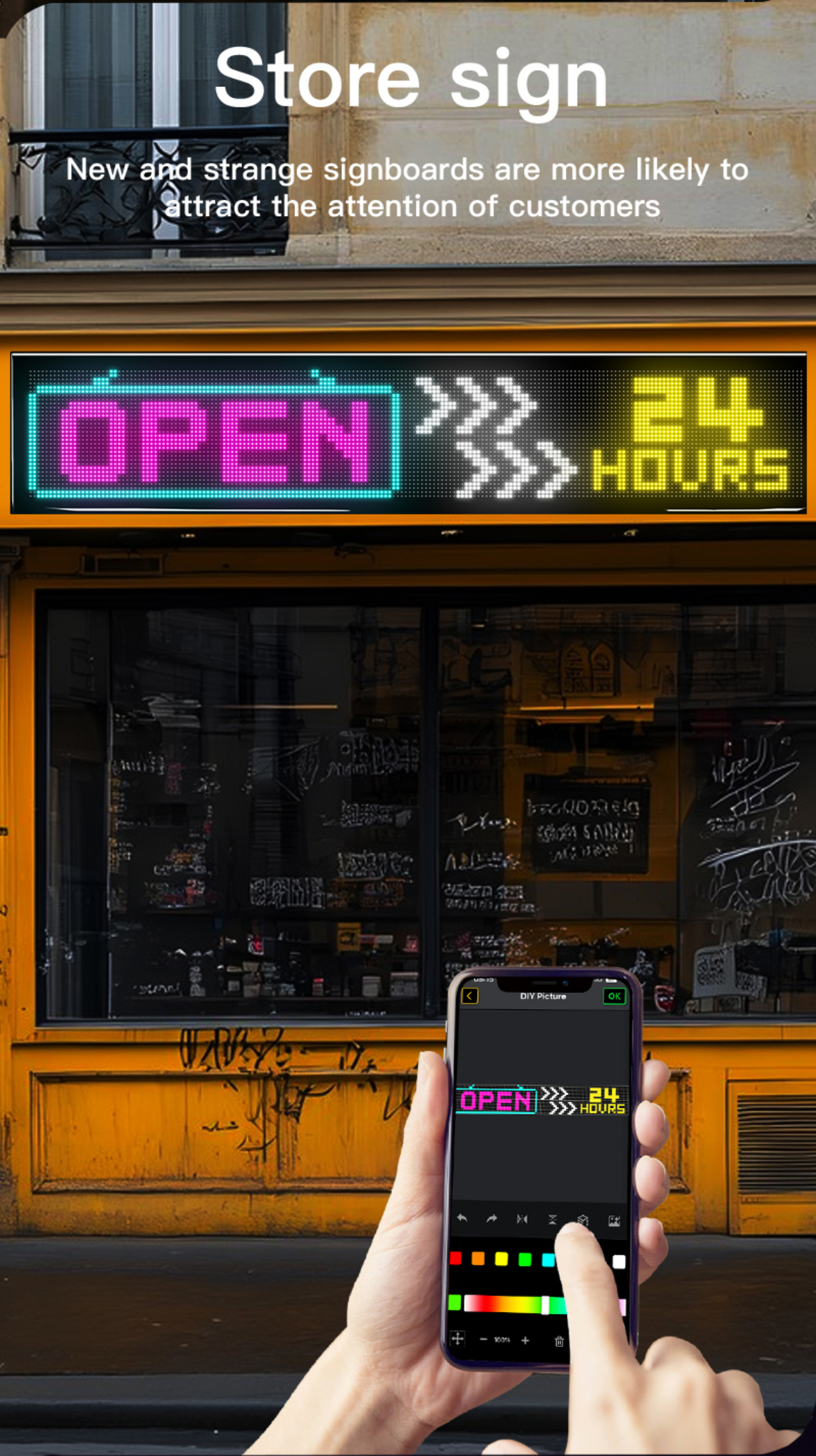 Ein offenes Schild mit OPEN und 24 HOURS. Gesteuert von einem Smartphone mit Farbpalette.