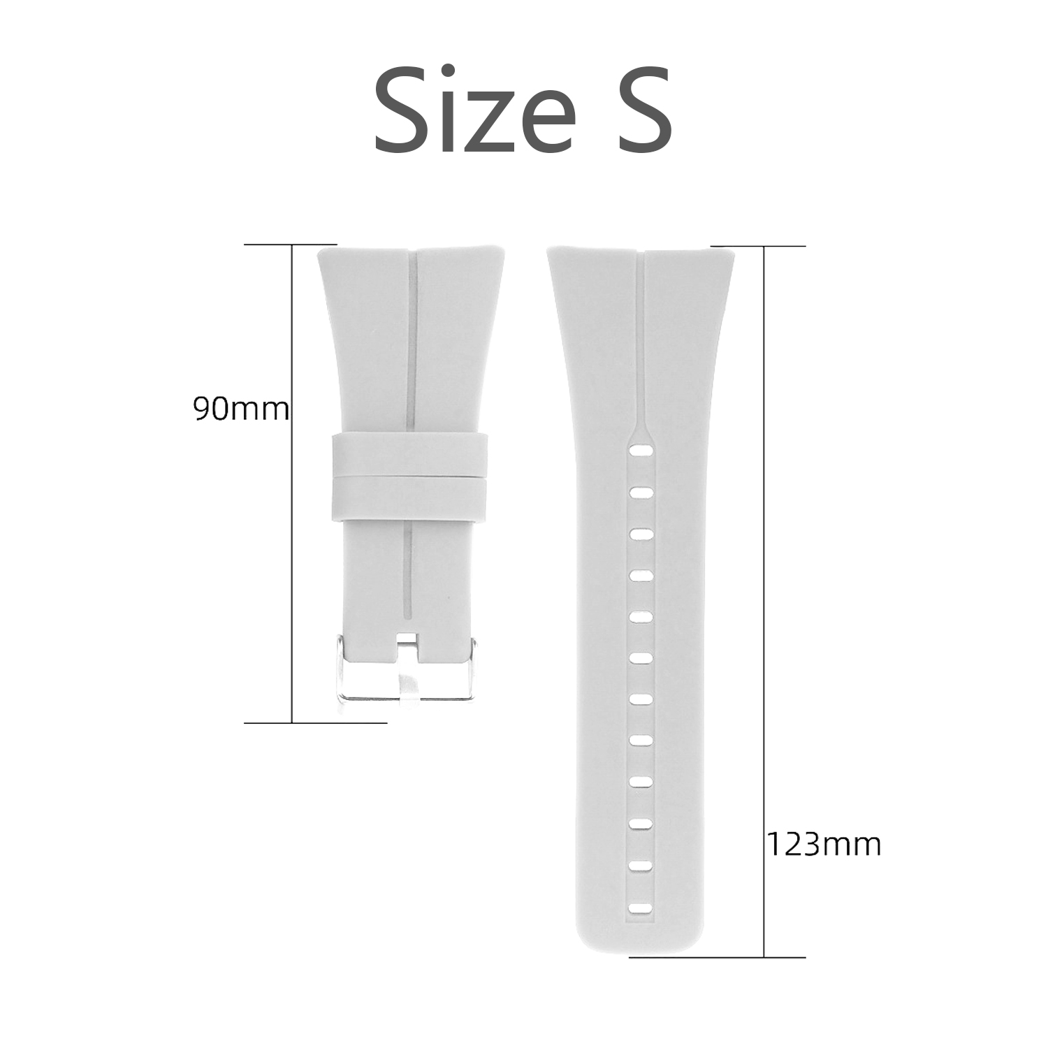 Ein weißes Uhrenarmband in zwei Teilen, eines mit Schnalle und das andere mit Größenlöchern und Maßen.