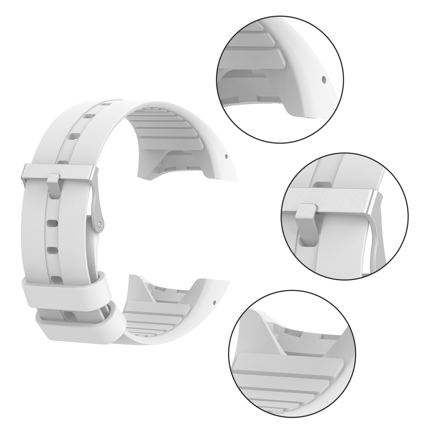 Ein weißes Uhrenarmband mit drei detaillierten Nahaufnahmen.
