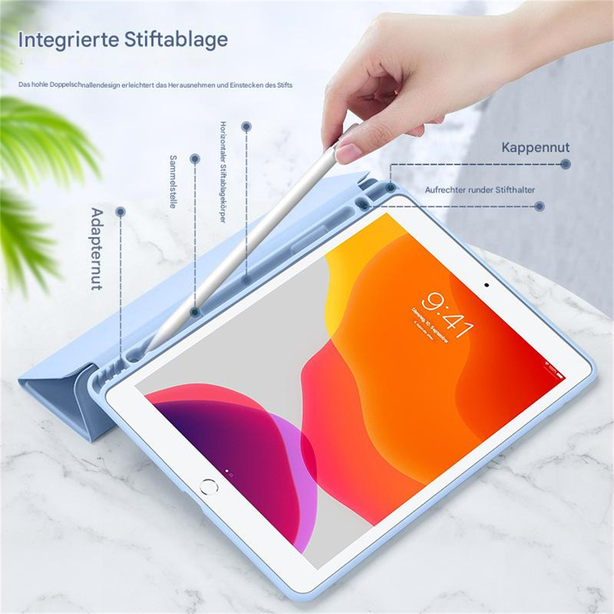 Ein blaues Tablet in einem blauen Gehäuse, mit Stift und Text in deutscher Sprache.