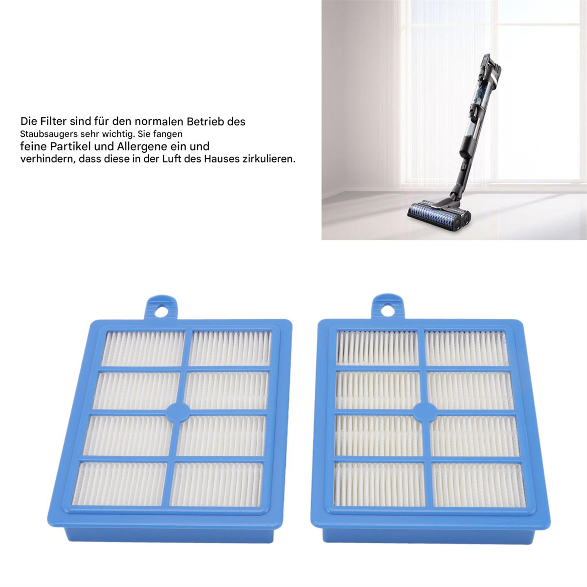 Zwei blaue Filter und ein Staubsauger im Hintergrund.