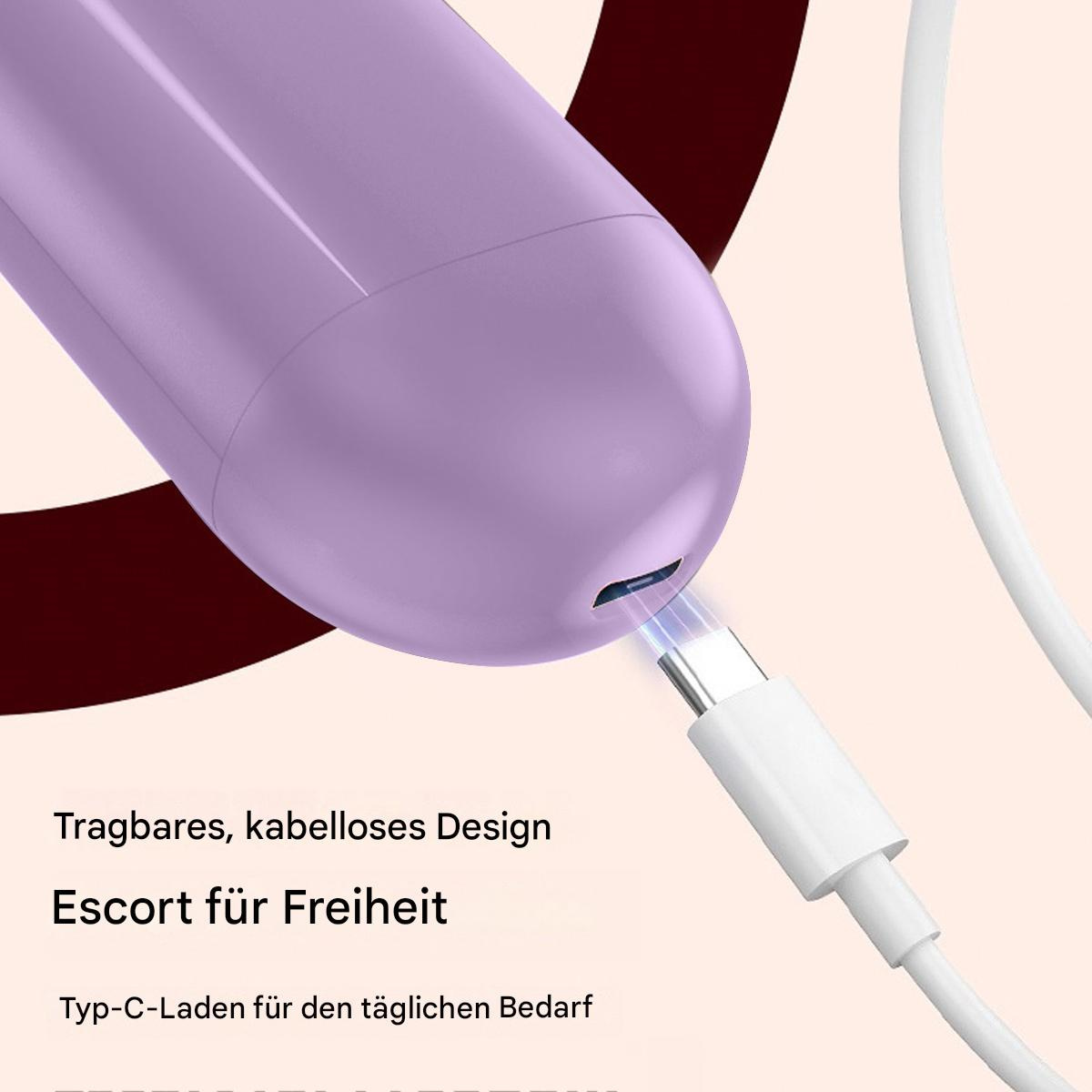 Nahaufnahme eines violetten Ladegeräts mit einem weißen Ladekabel, das eingesteckt ist.