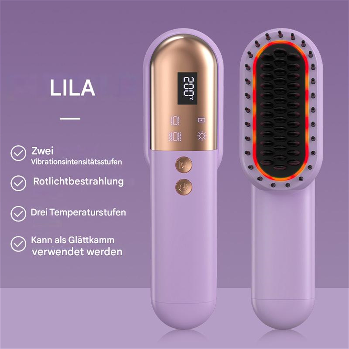 Eine lila Haarstylingbürste mit Knöpfen, Display und Textetiketten. Der Hintergrund ist lila.