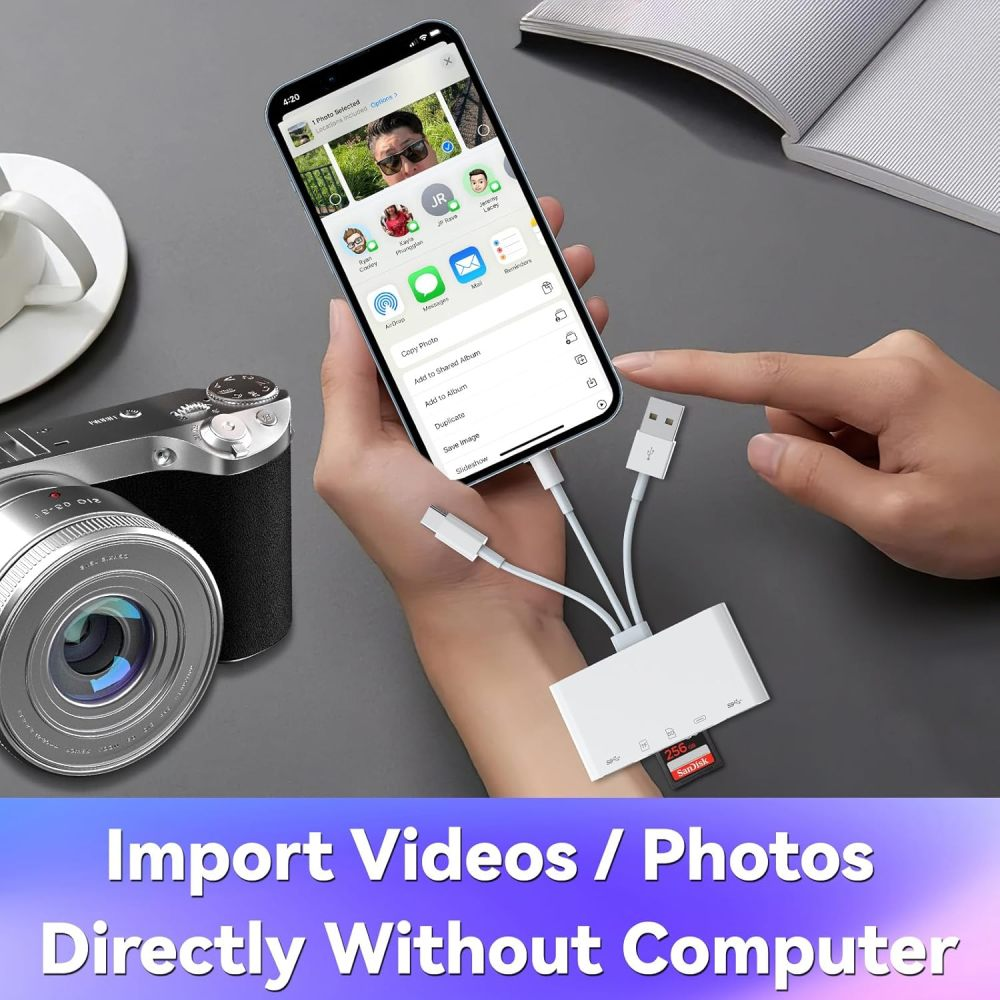 Ein Smartphone, das mit einem weißen Adapter mit USB-Kabel verbunden ist, DSLR-Kamera sichtbar.
