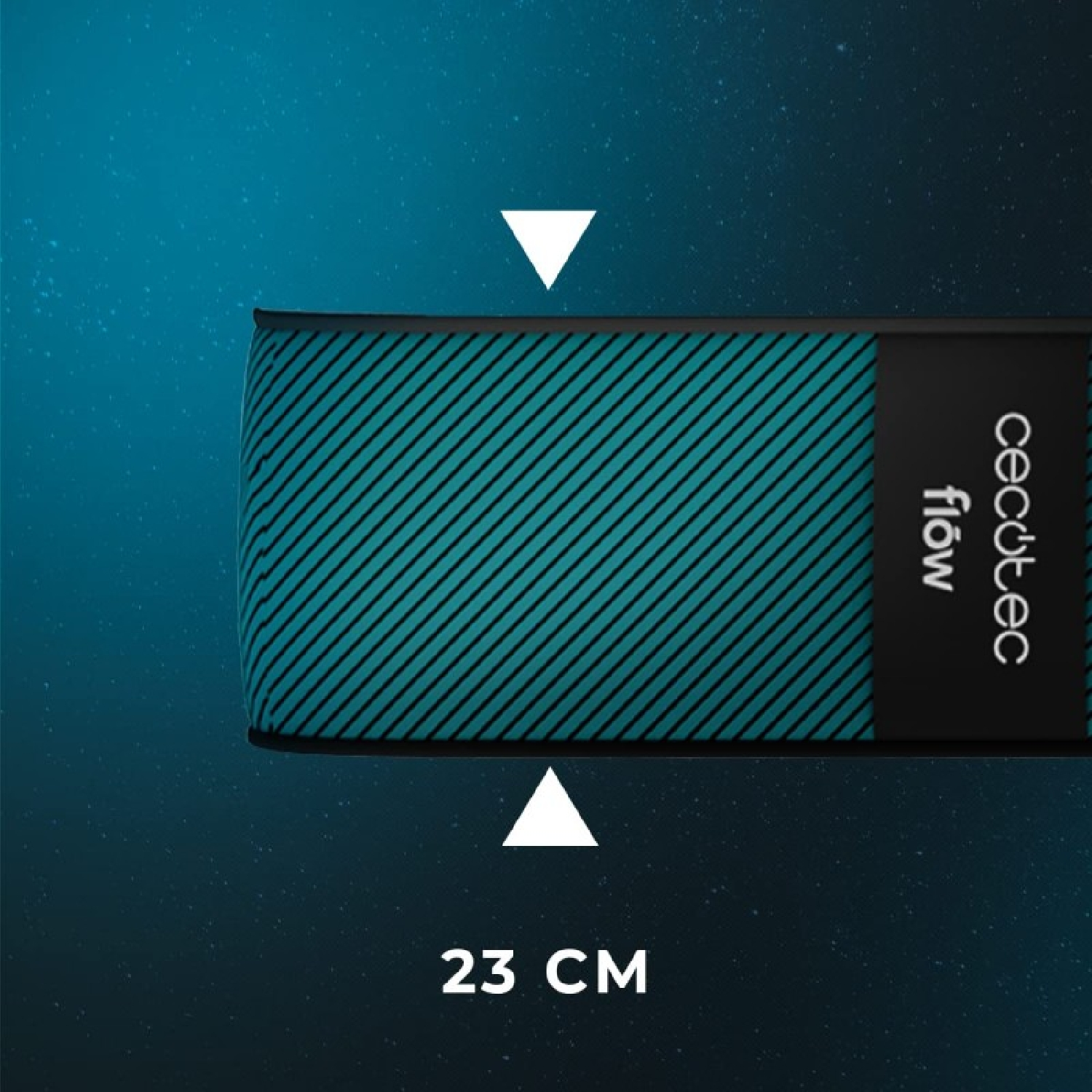 Primer plano del lateral de un colchón, colores azul y negro, etiqueta Cecotec Flow, 23 cm altura.