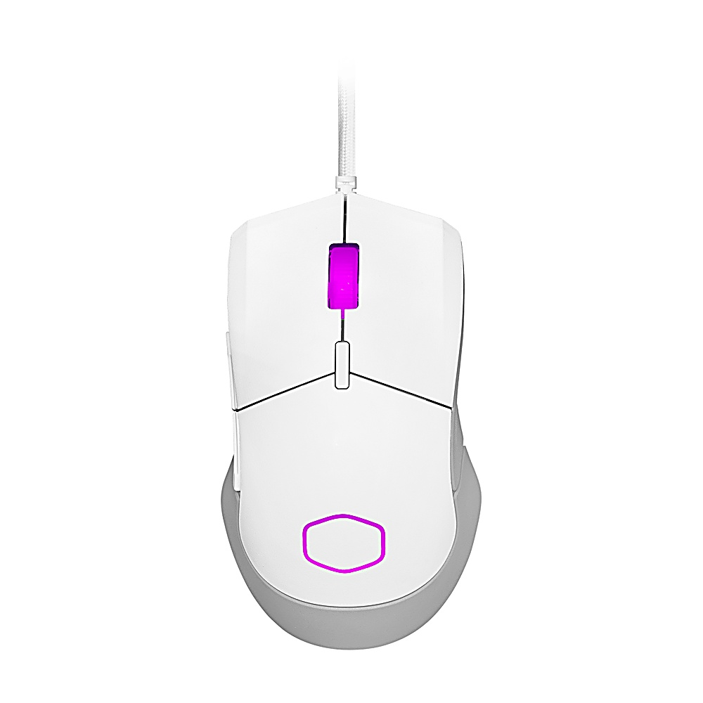 Mouse da gioco bianco con logo e dettagli rosa illuminati, cavo bianco, su sfondo bianco.