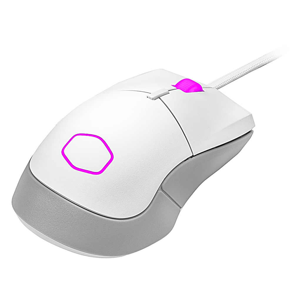Mouse da gioco bianco con logo e dettagli rosa illuminati su sfondo bianco.