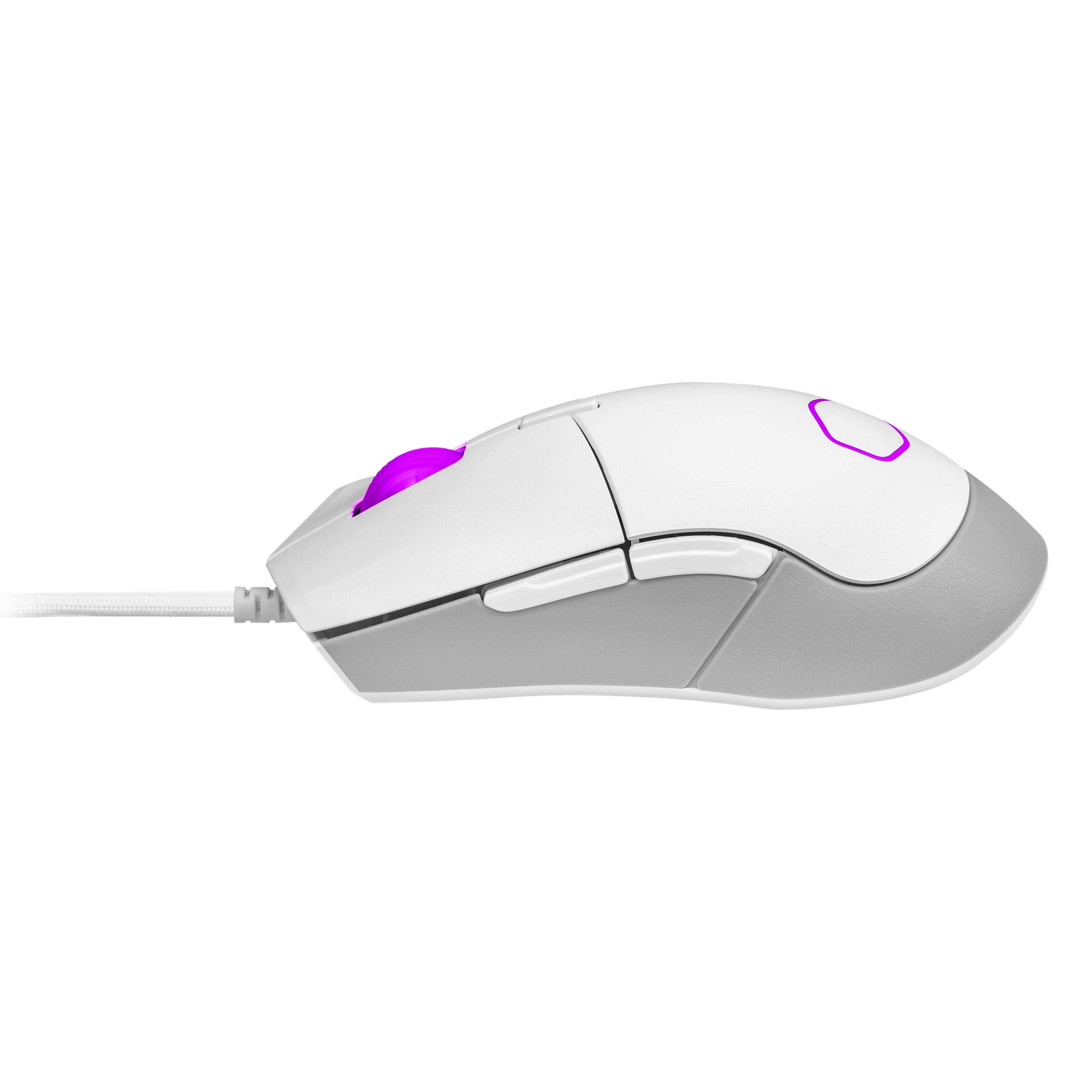 Un mouse per computer bianco e grigio con una rotella di scorrimento viola.