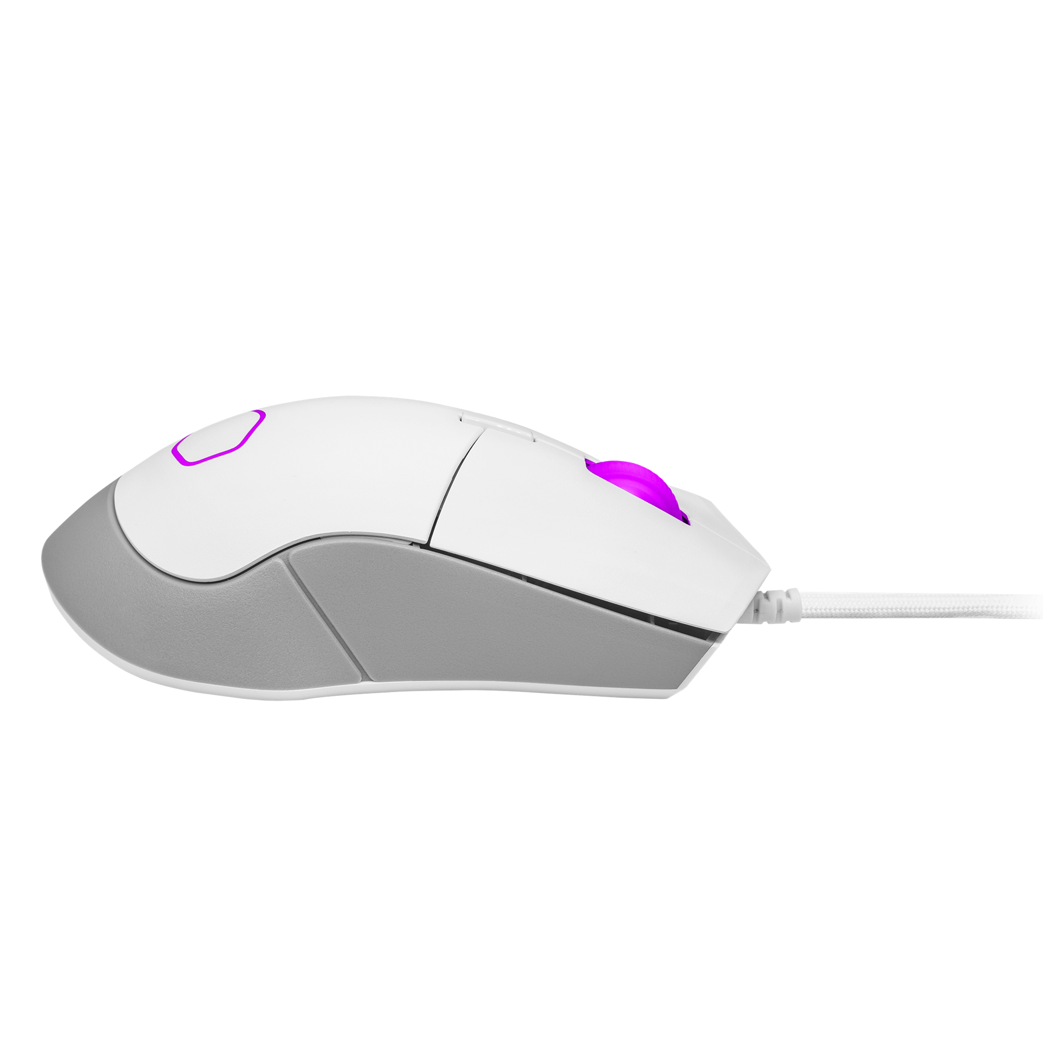 Mouse da gioco bianco con logo e dettagli rosa illuminati su sfondo bianco.