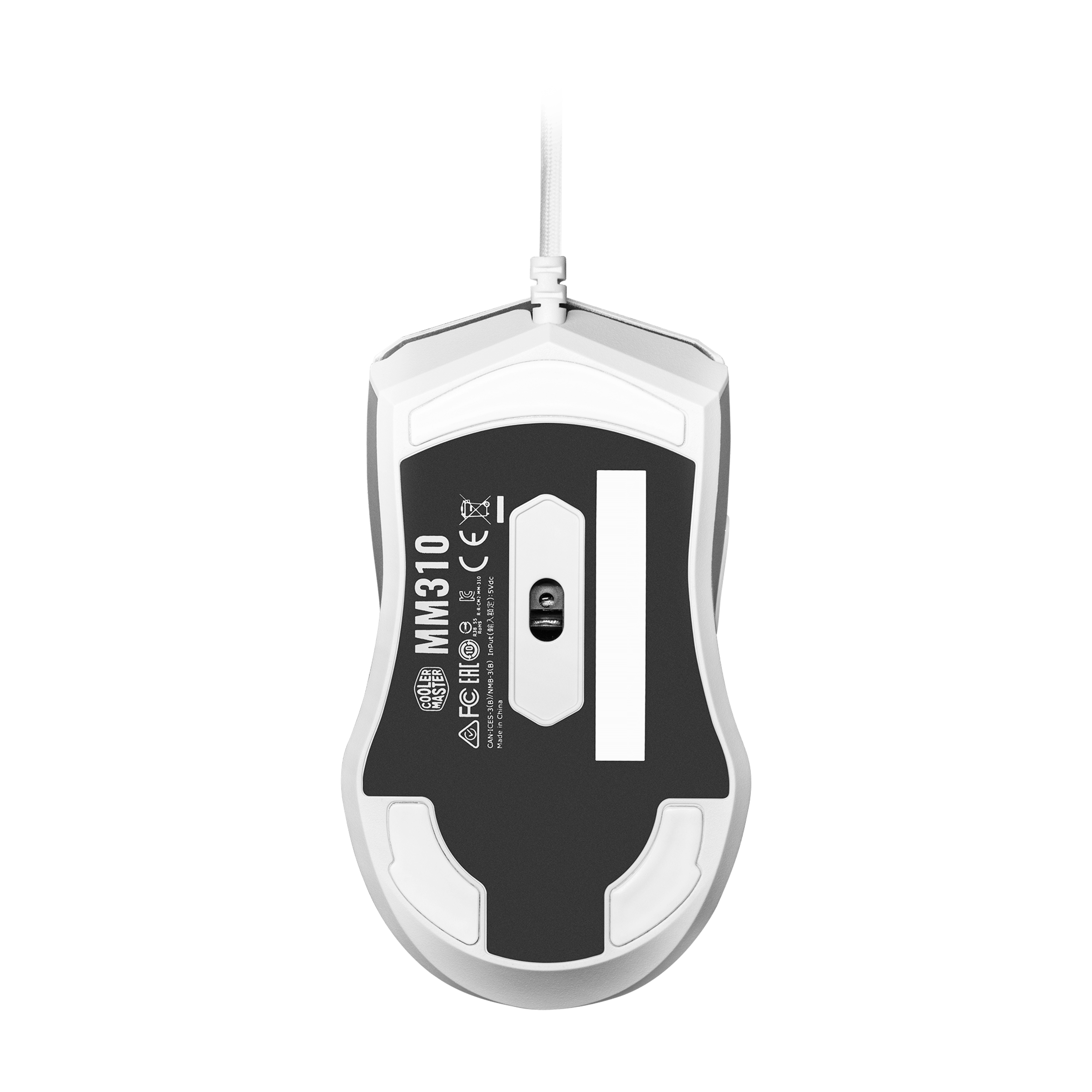 Vista inferiore di un mouse da gioco bianco e grigio, su sfondo bianco.