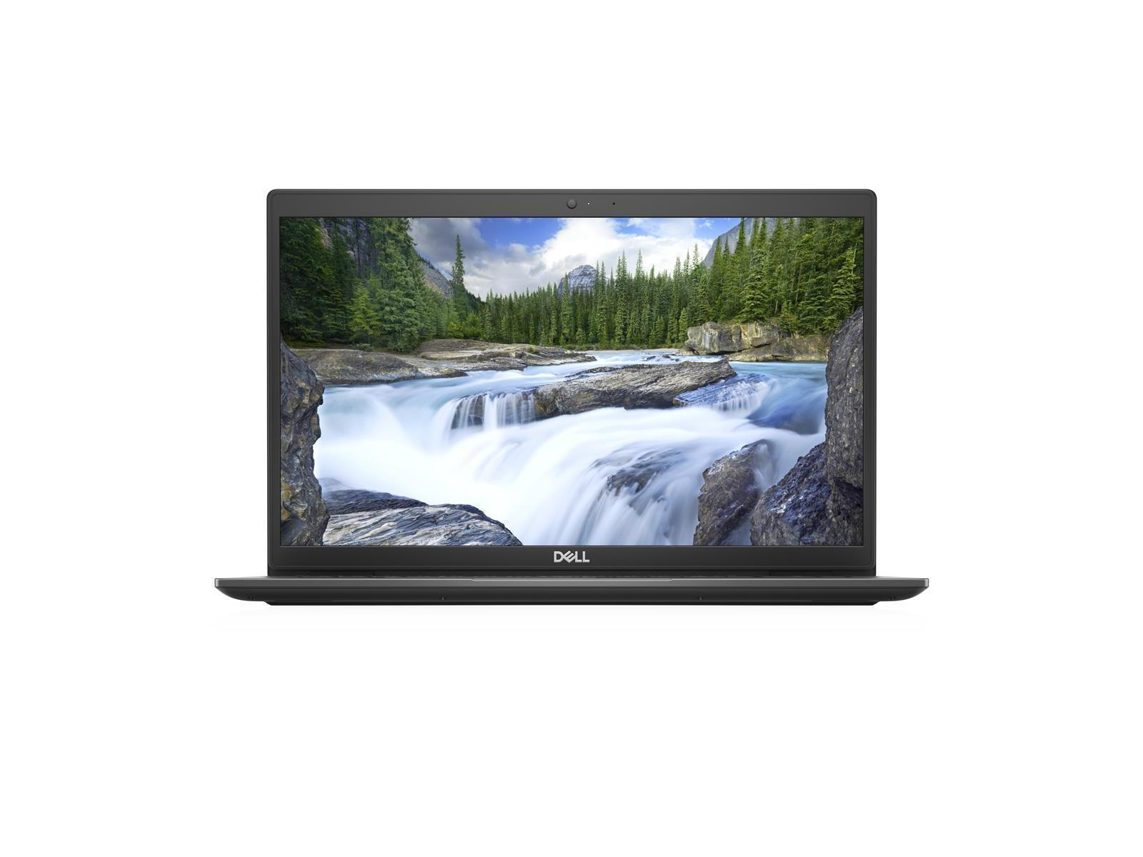 Ein Dell Laptop mit einem schönen Natur-Hintergrundbild von Wasserfall und Bergen.