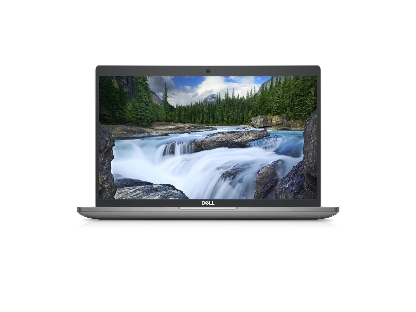 Laptop offen, zeigt eine Wasserfallszene. Dell-Logo sichtbar. Weißer Hintergrund.