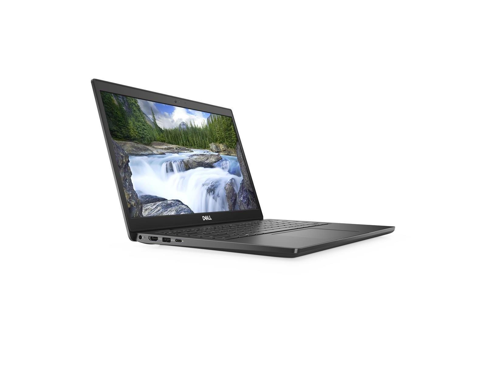 Schwarzes Laptop geöffnet, das ein Wasserfallbild zeigt. Weißer Hintergrund.