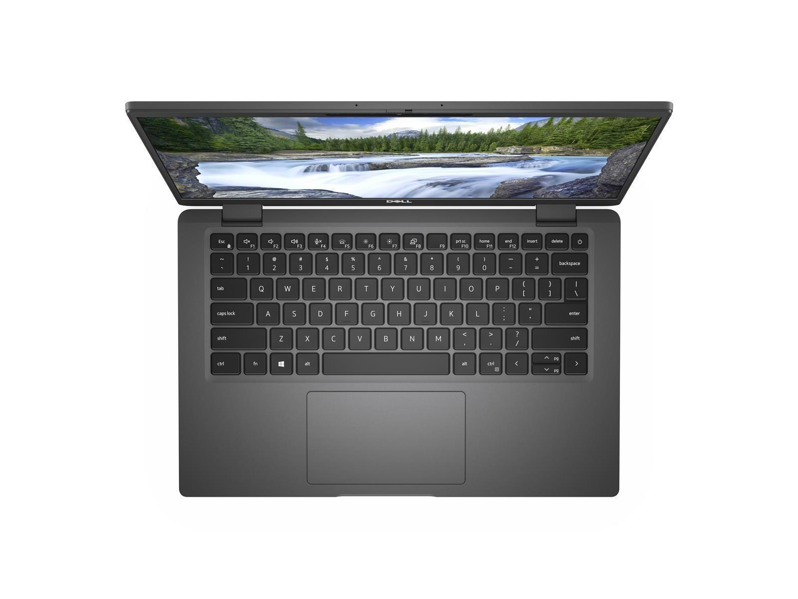 Laptop, Draufsicht, geöffnet, zeigt Tastatur und Bildschirm mit Landschaft.