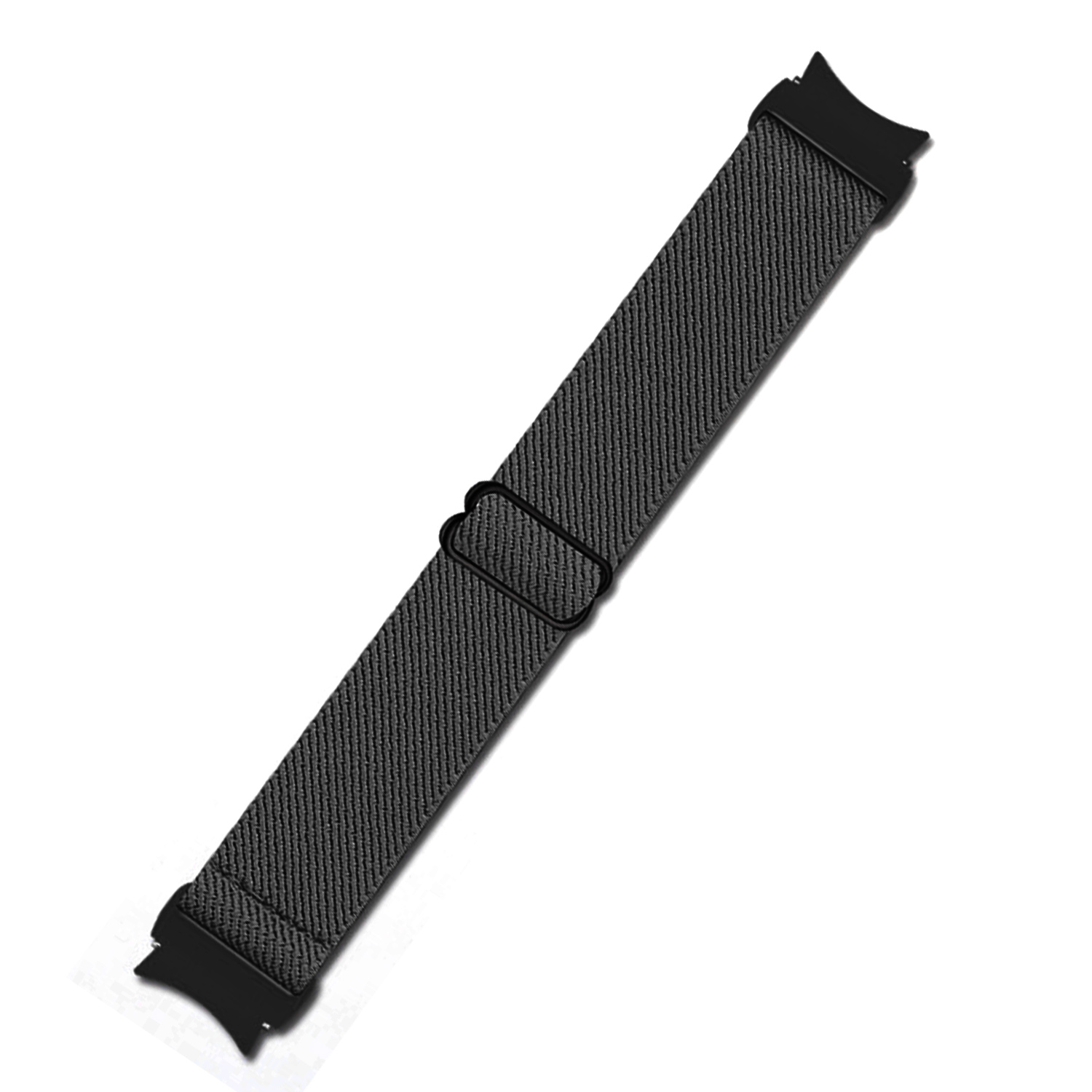 Czarny pasek do zegarka z szarą, tkaną fakturą. Jest na białym tle. Widoczna czarna klamra.