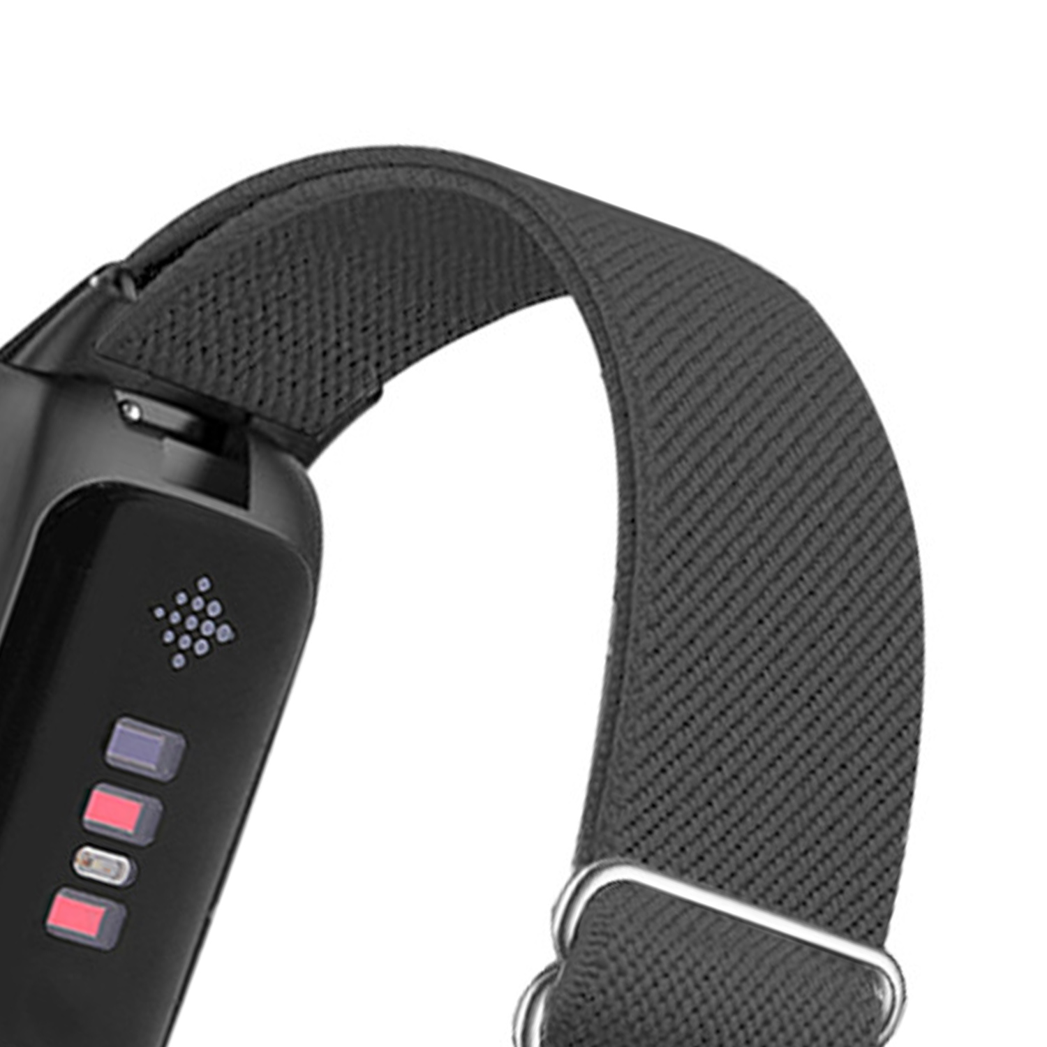 Zbliżenie czarnego paska do smartwatcha z metalową klamrą.