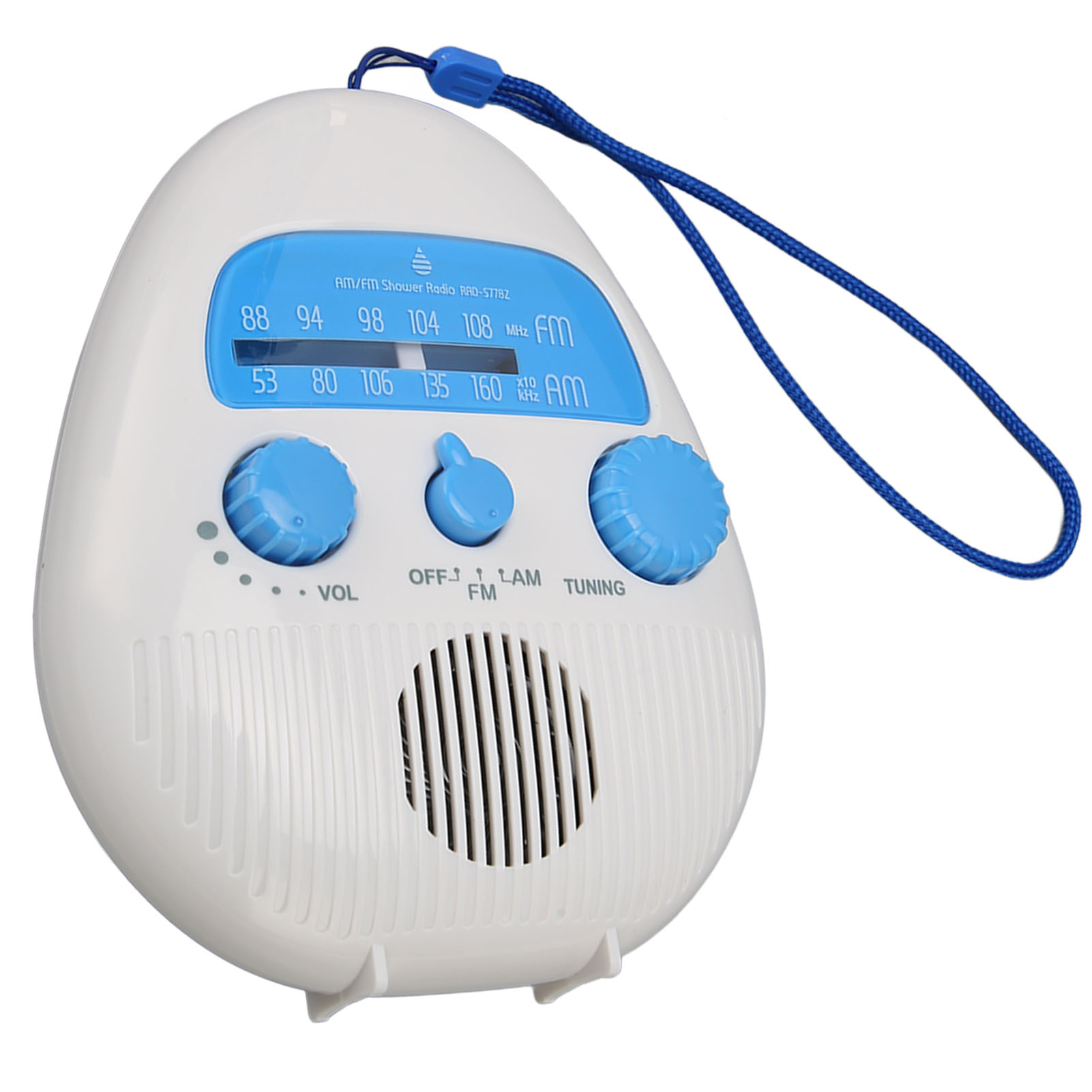 Weiß-blaues Duschradio, eiförmig. Hat blaue Knöpfe, einen Abstimmungsregler und einen blauen Riemen.