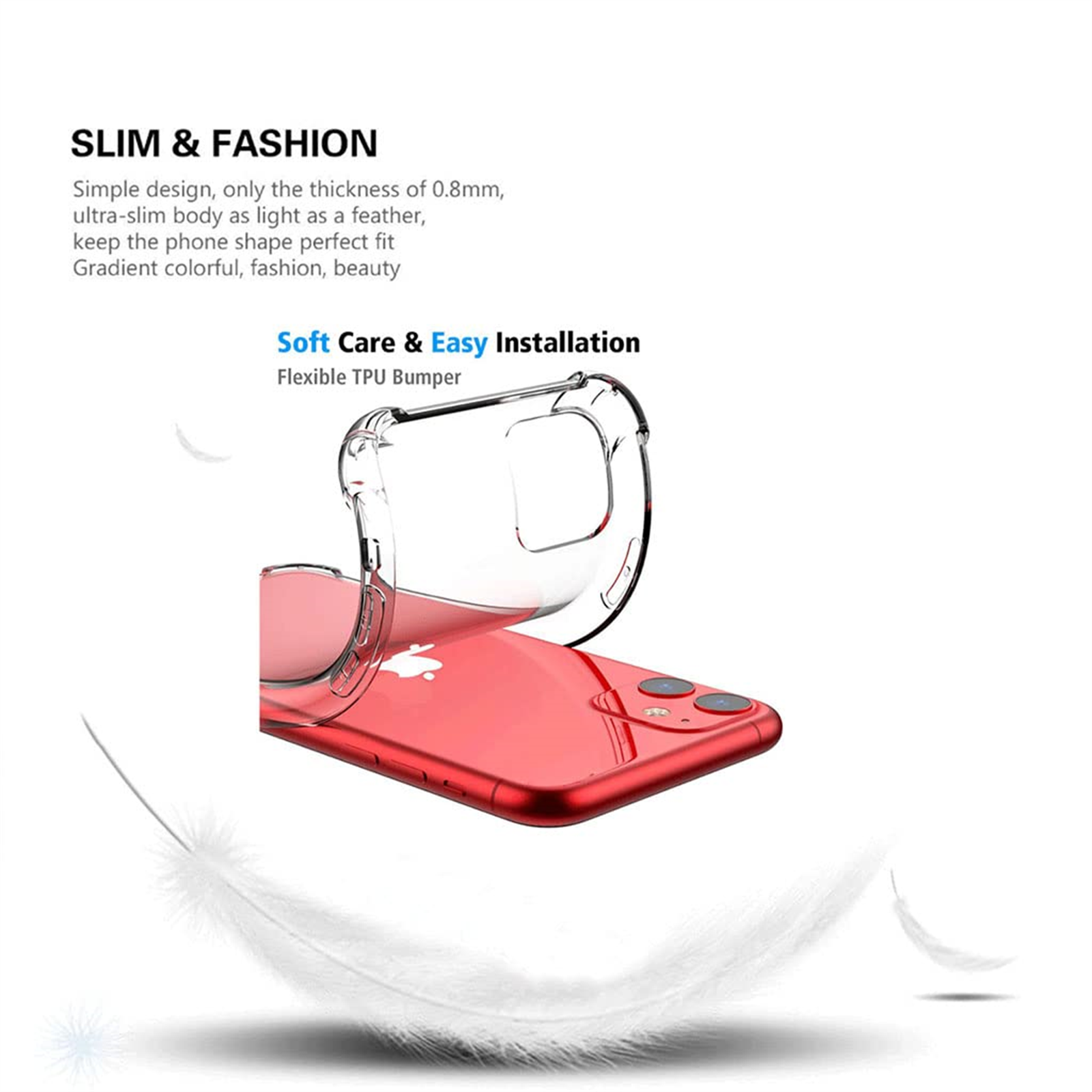 Ein rotes Telefon und eine transparente Handyhülle, mit Text.
