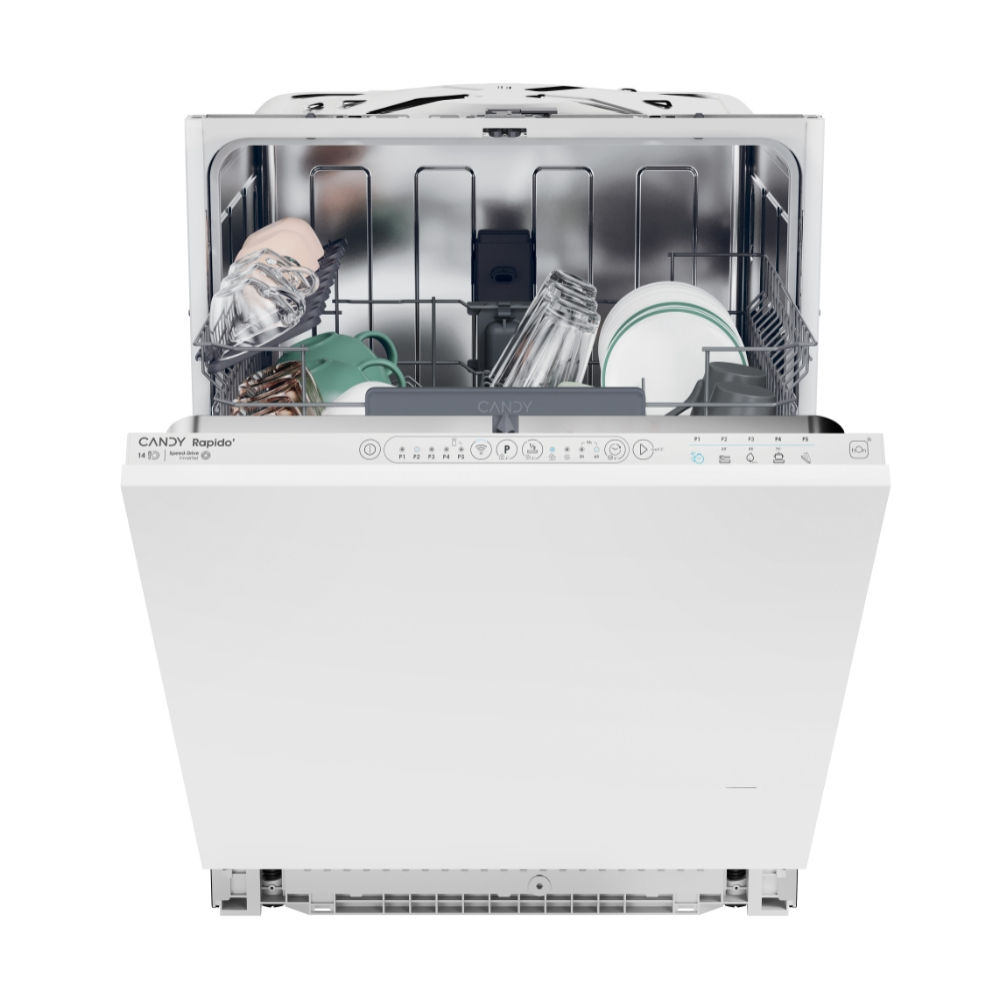 Frigorifero aperto in acciaio inox e bianco, sfondo bianco.