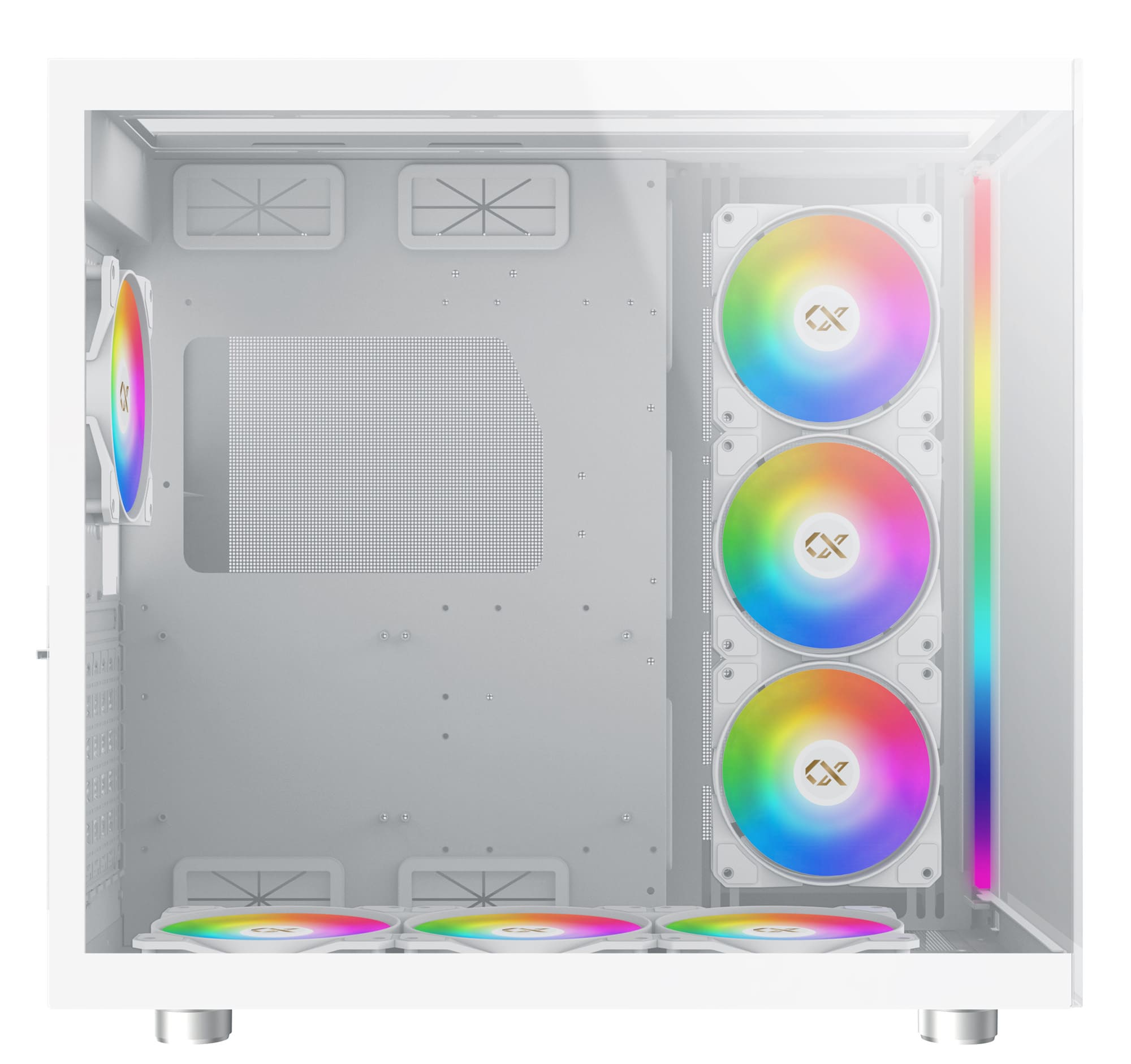 Weißes PC-Gehäuse mit Regenbogenlüftern. Innen sind Komponenten und eine Glasscheibe.