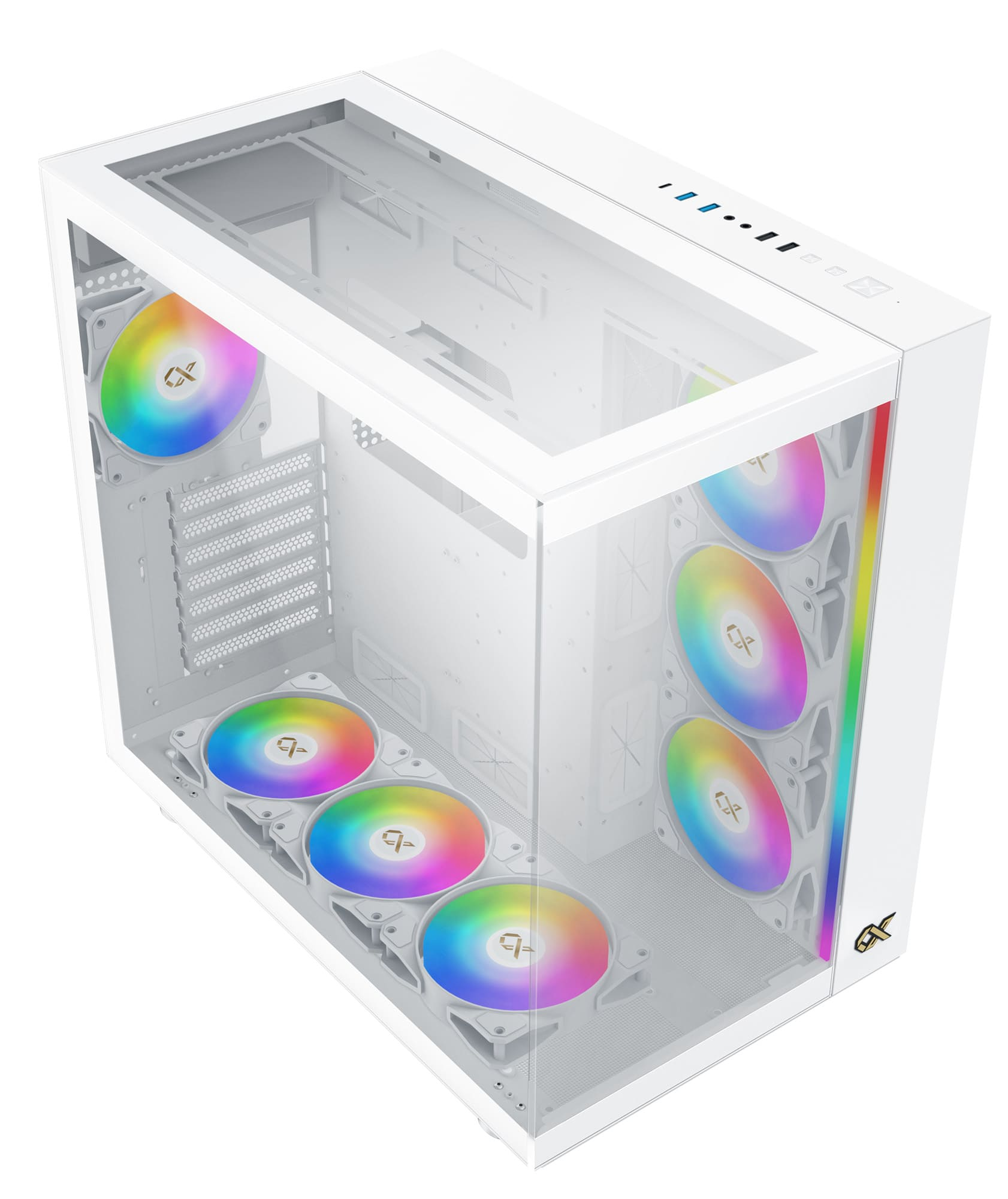 Weißes Computergehäuse mit bunten Lüftern, Glasplatte und Bedienelementen oben.