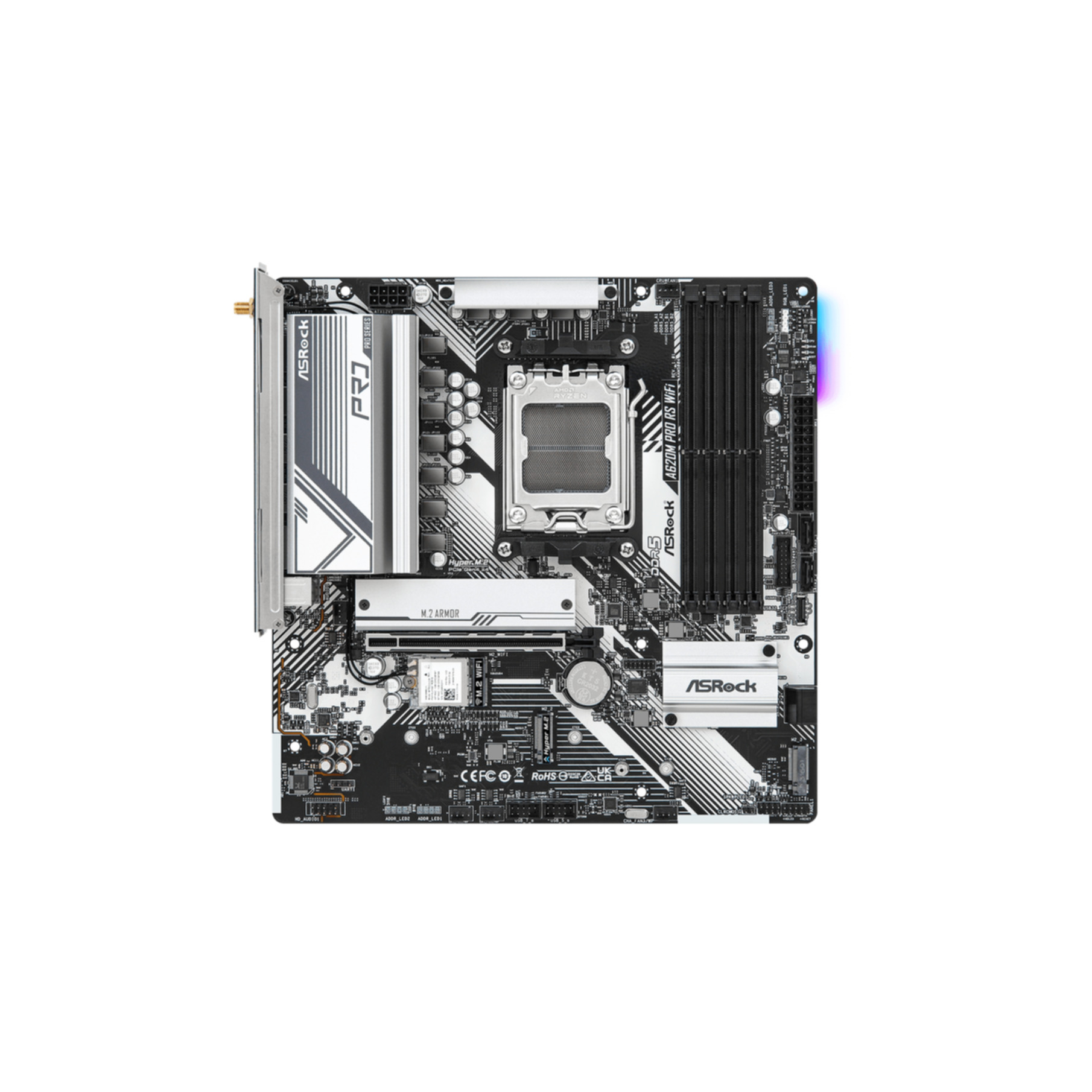 Placa base ASRock con varios componentes, aislada sobre blanco.