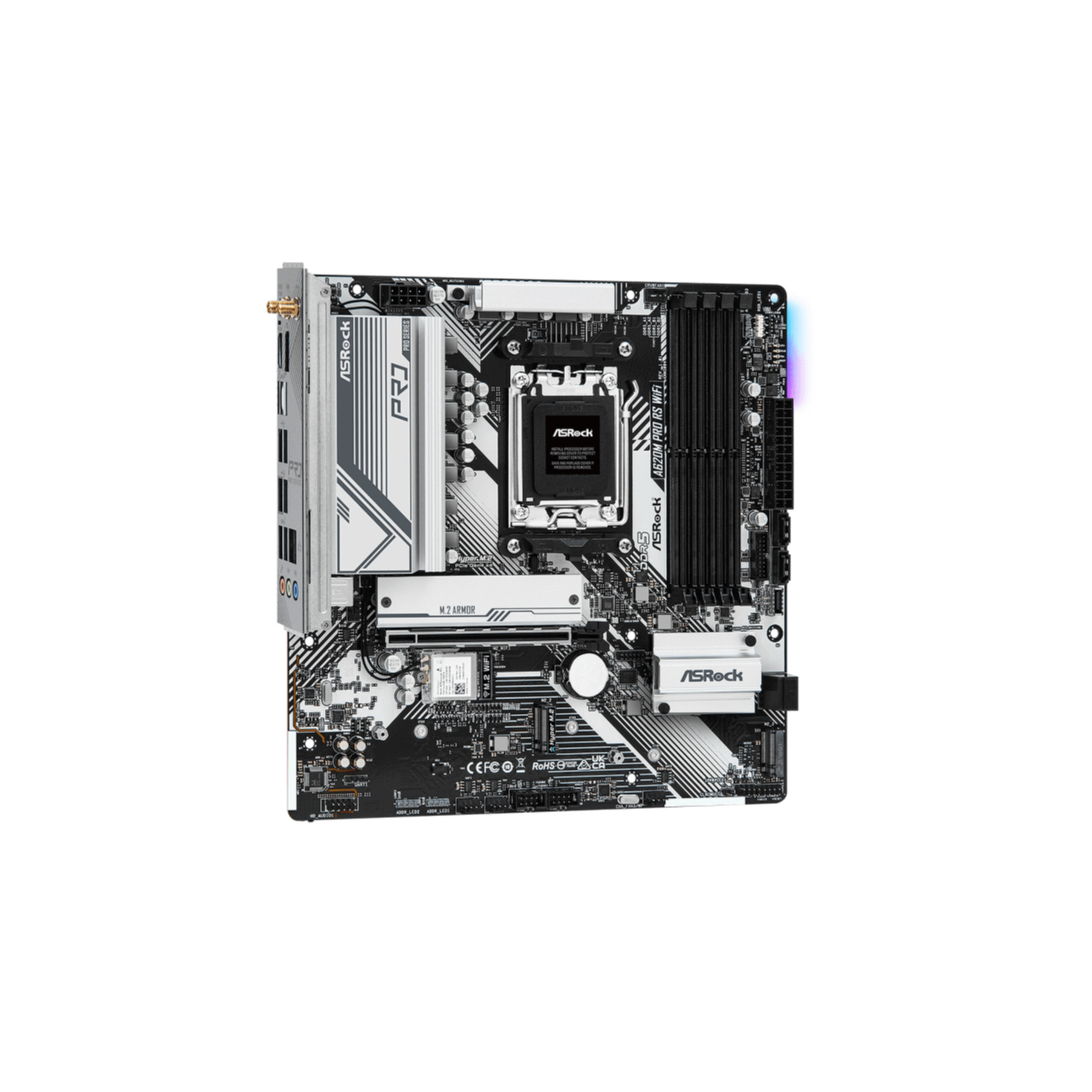 Una placa base ASRock en blanco y negro, con un zócalo de CPU y varios conectores.
