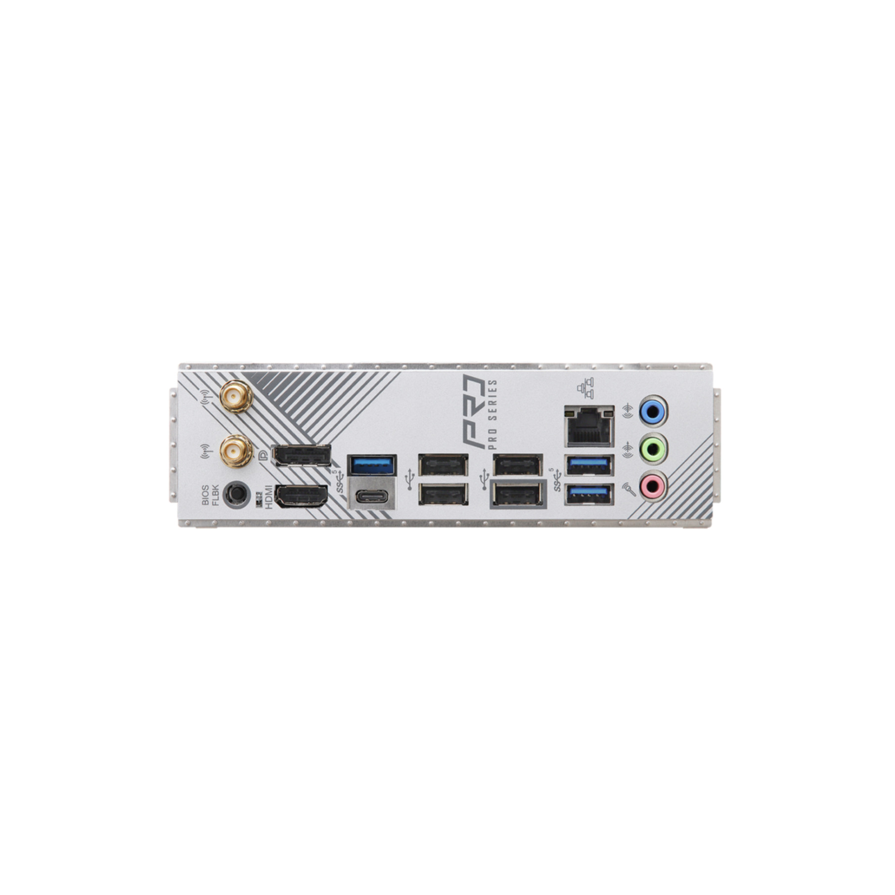 Panel trasero de una placa base con varios puertos y conectores.