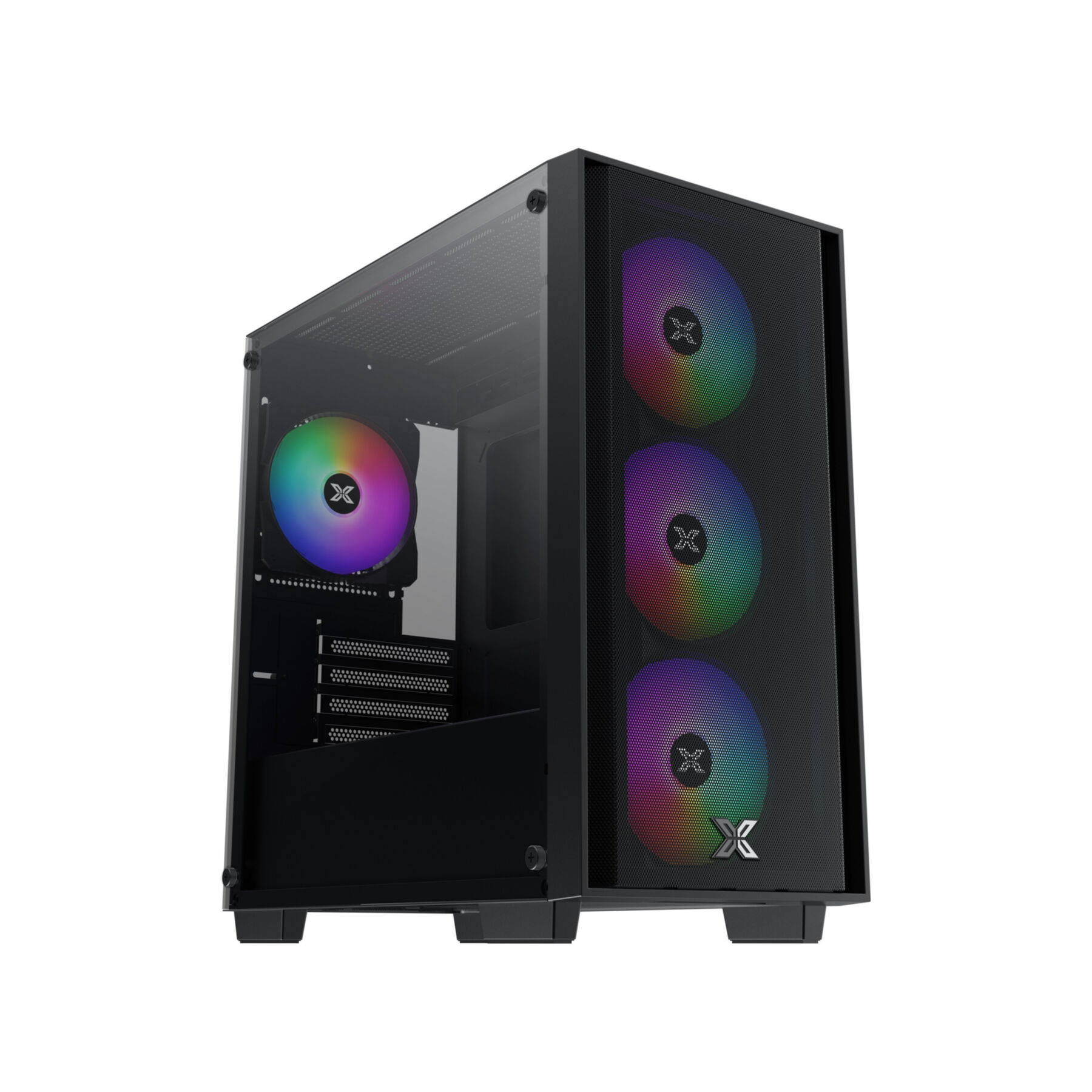 Un case per computer nero con tre ventole RGB e un pannello laterale in vetro.