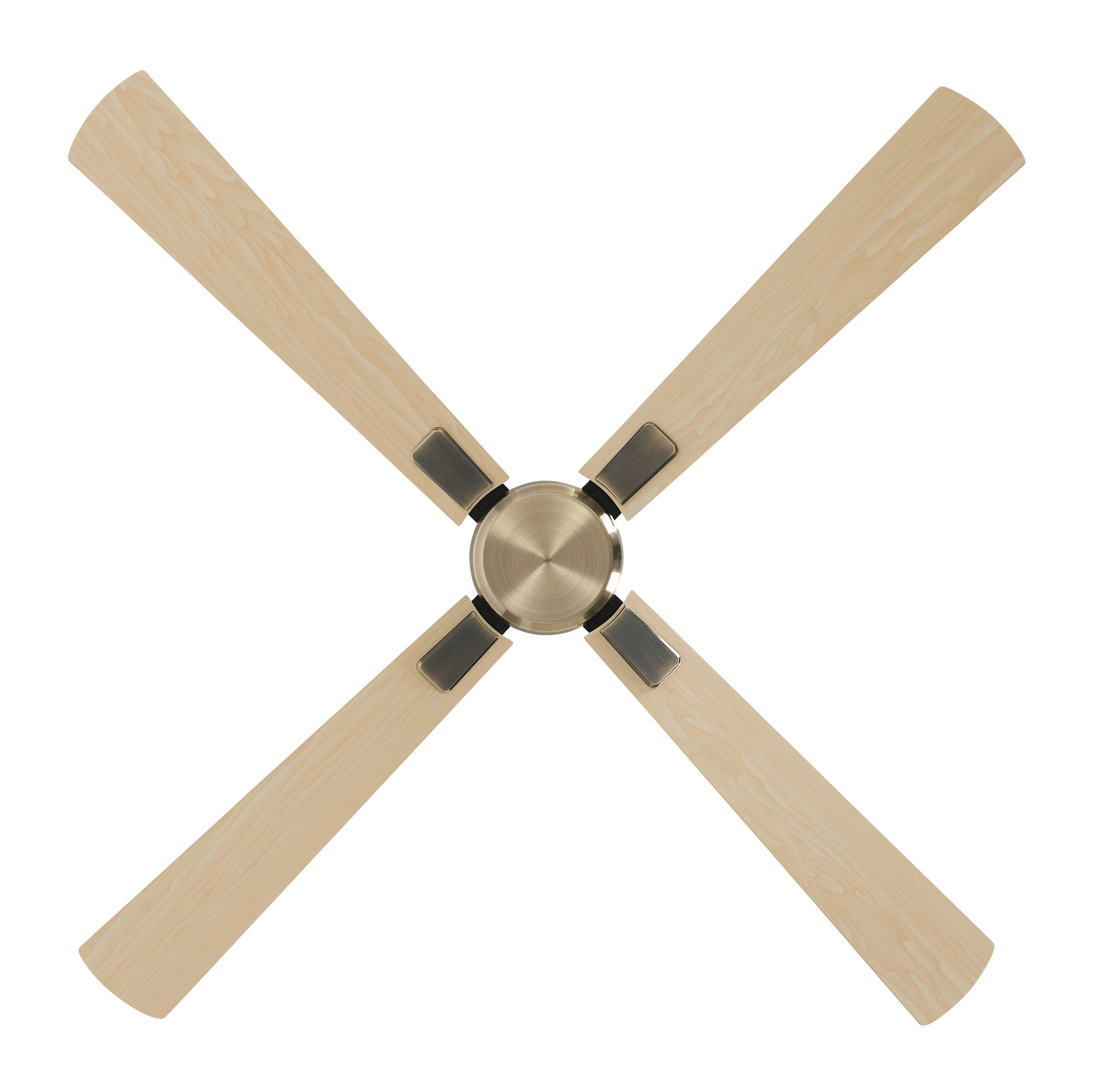 Ein Deckenventilator mit vier Holzflügeln und einer goldenen Mitte. Der Hintergrund ist weiß.