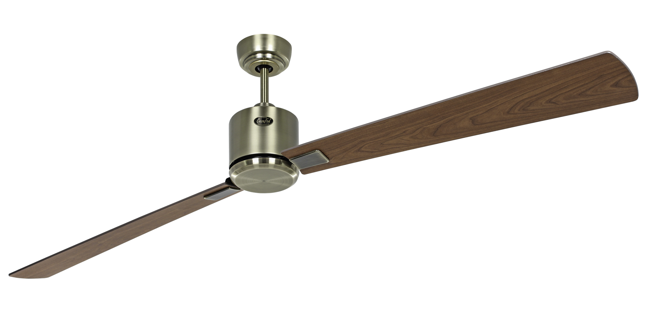 Ein Deckenventilator mit zwei holzfarbenen Blättern und einem Metallgehäuse wird gezeigt.