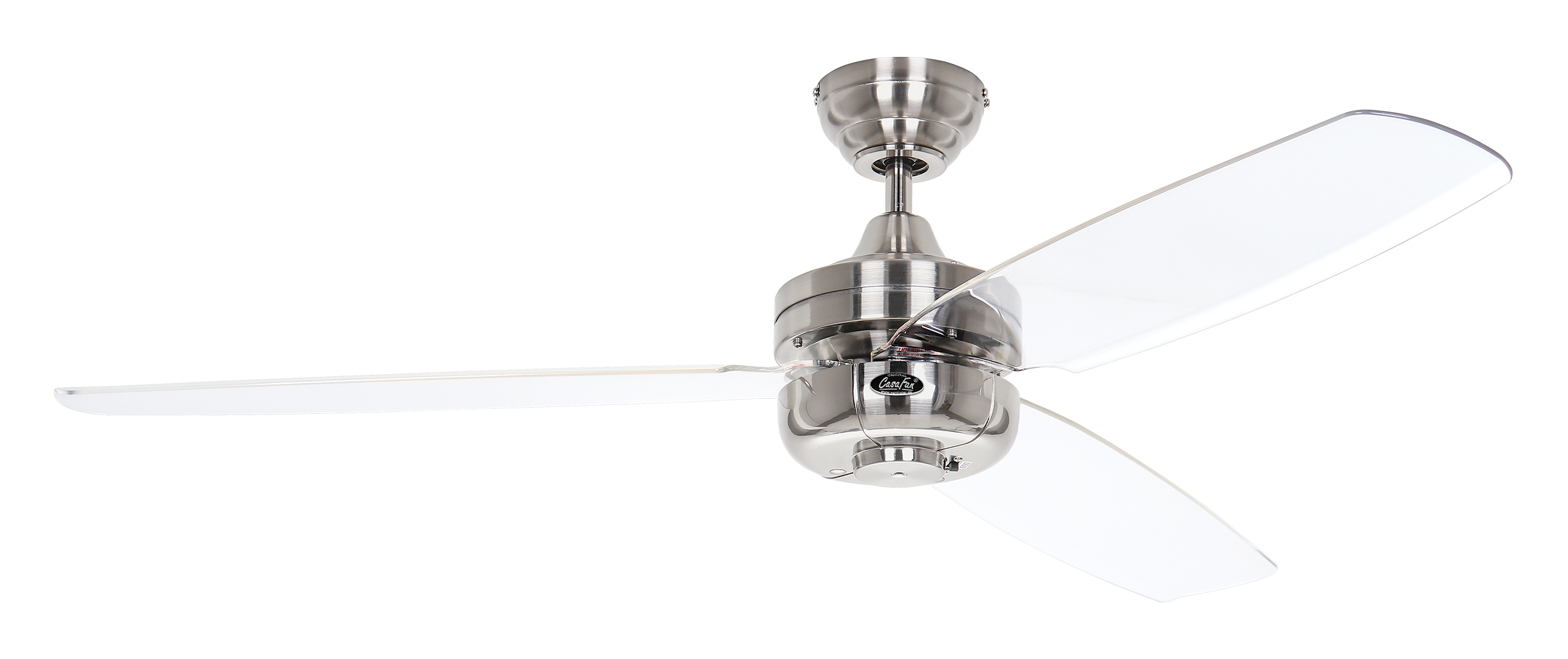 Ein silberner Deckenventilator mit transparenten Flügeln, freigestellt vor weißem Hintergrund.