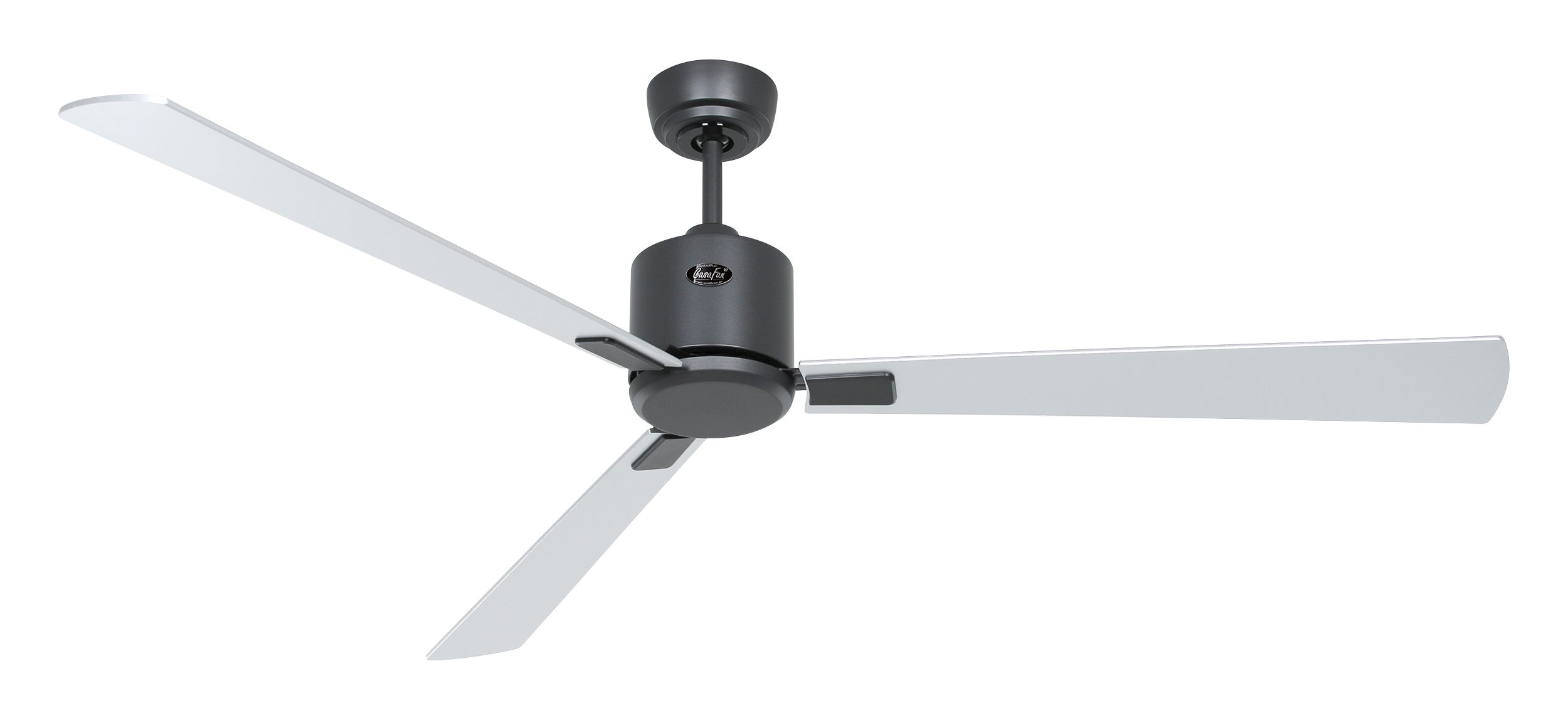 Un ventilatore da soffitto nero con tre pale bianche, isolato su sfondo bianco.