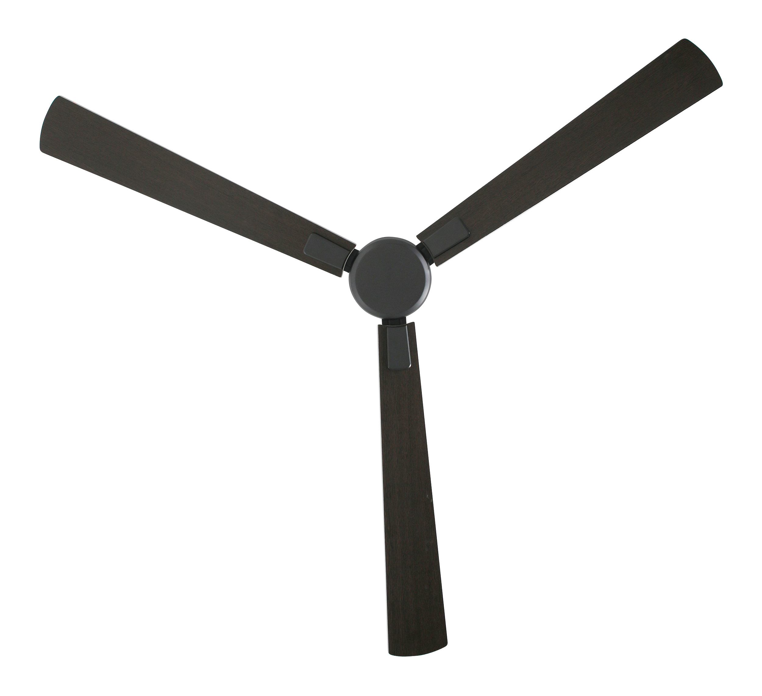 Un ventilatore da soffitto nero con tre pale in legno scuro. Il ventilatore è su sfondo bianco.
