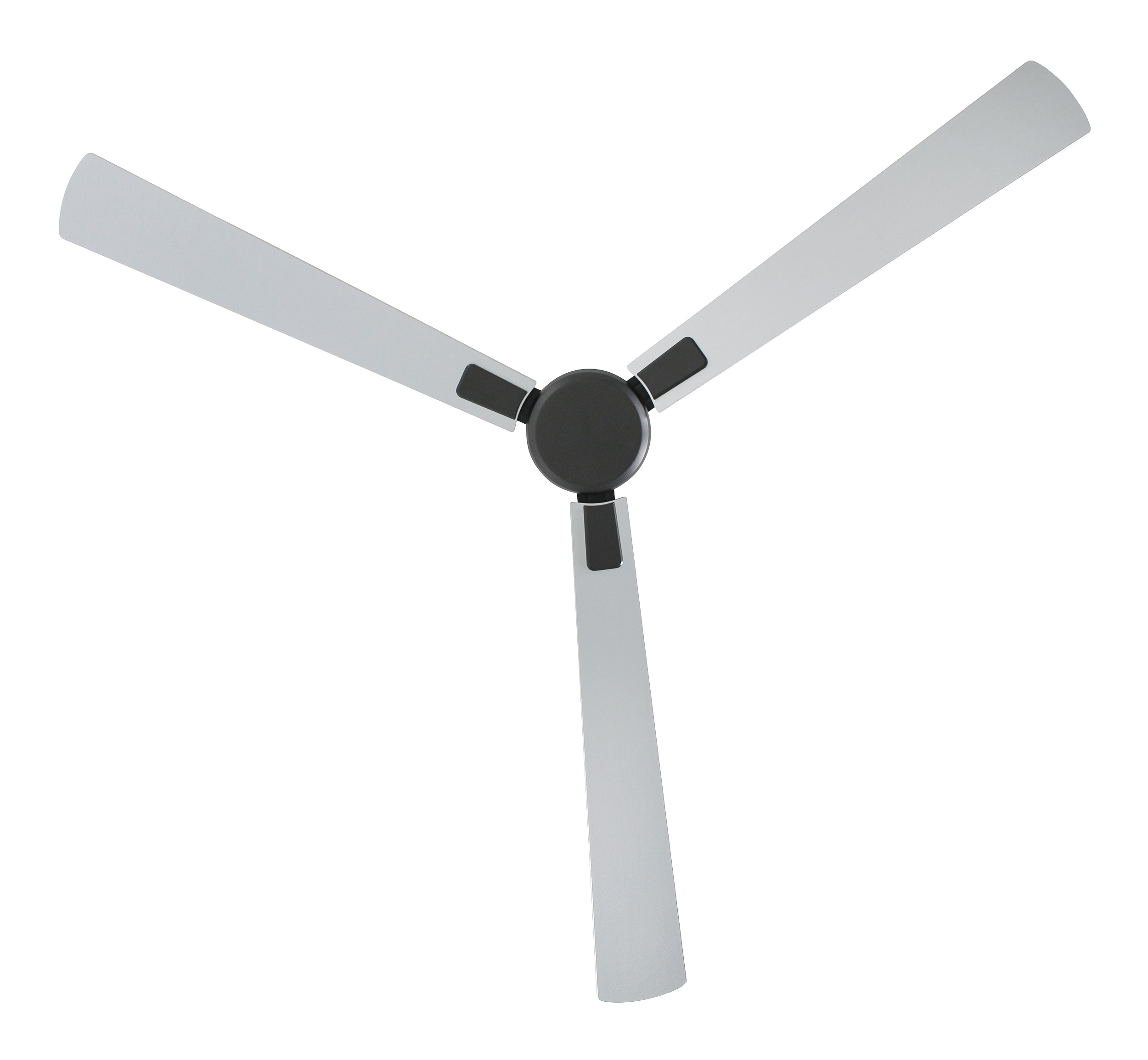Ventilatore da soffitto con tre pale grigie, centro nero e sfondo bianco.