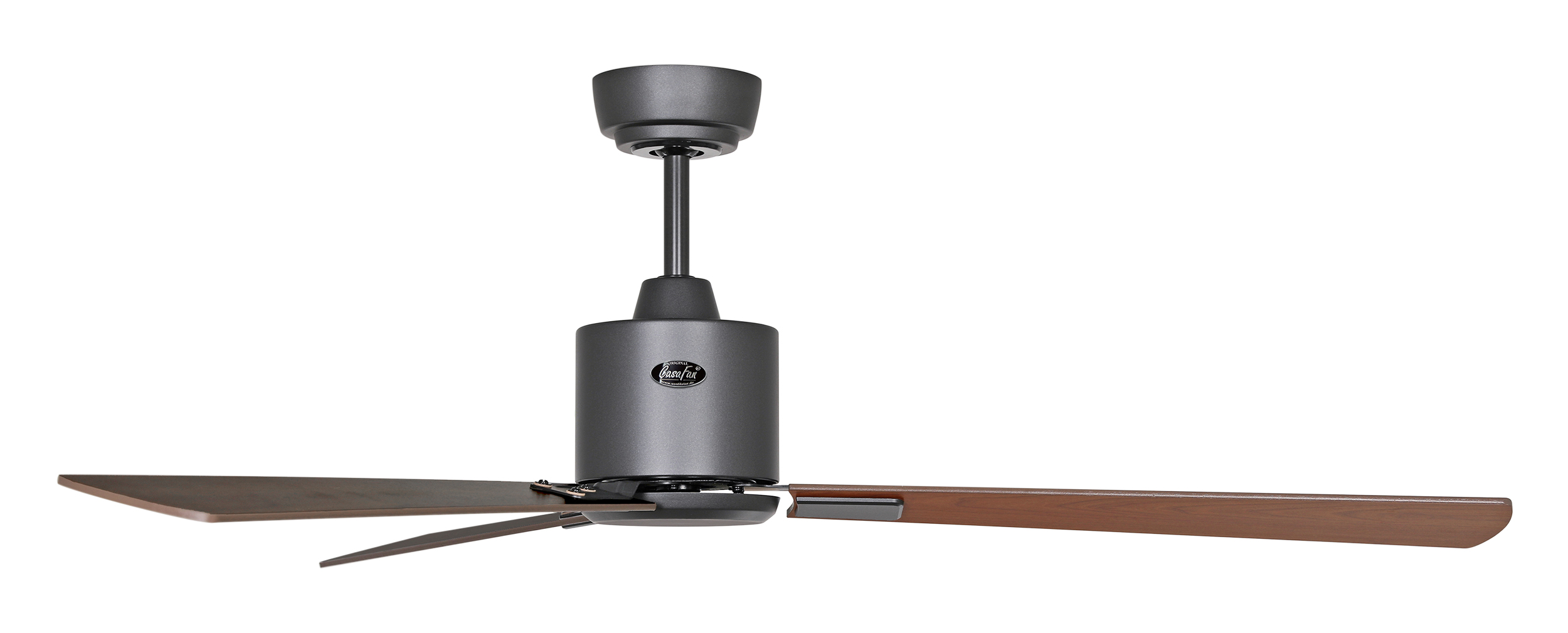 Ventilatore a soffitto con pale e motore scuri.