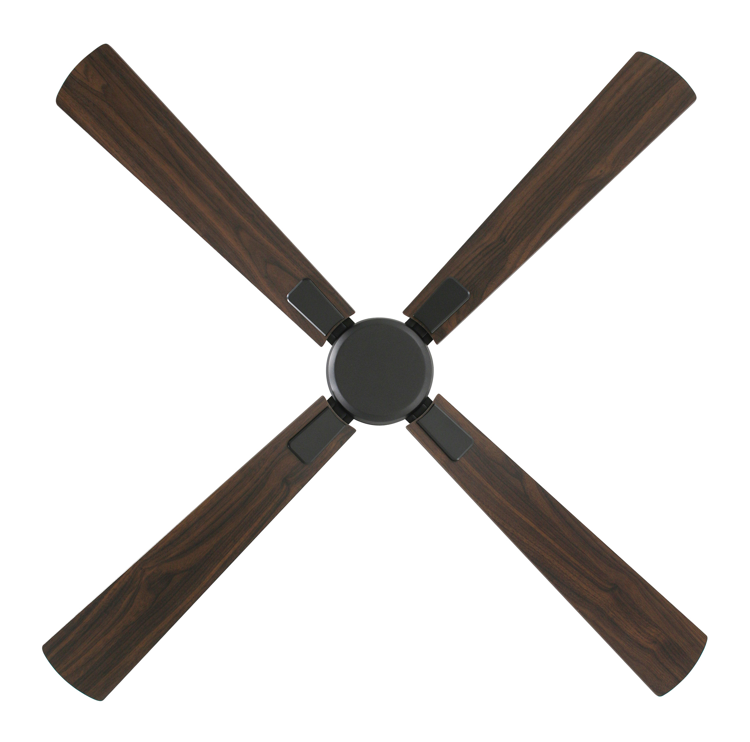 Un ventilatore a soffitto con quattro pale in legno e un alloggiamento motore nero. Le pale sono scure.