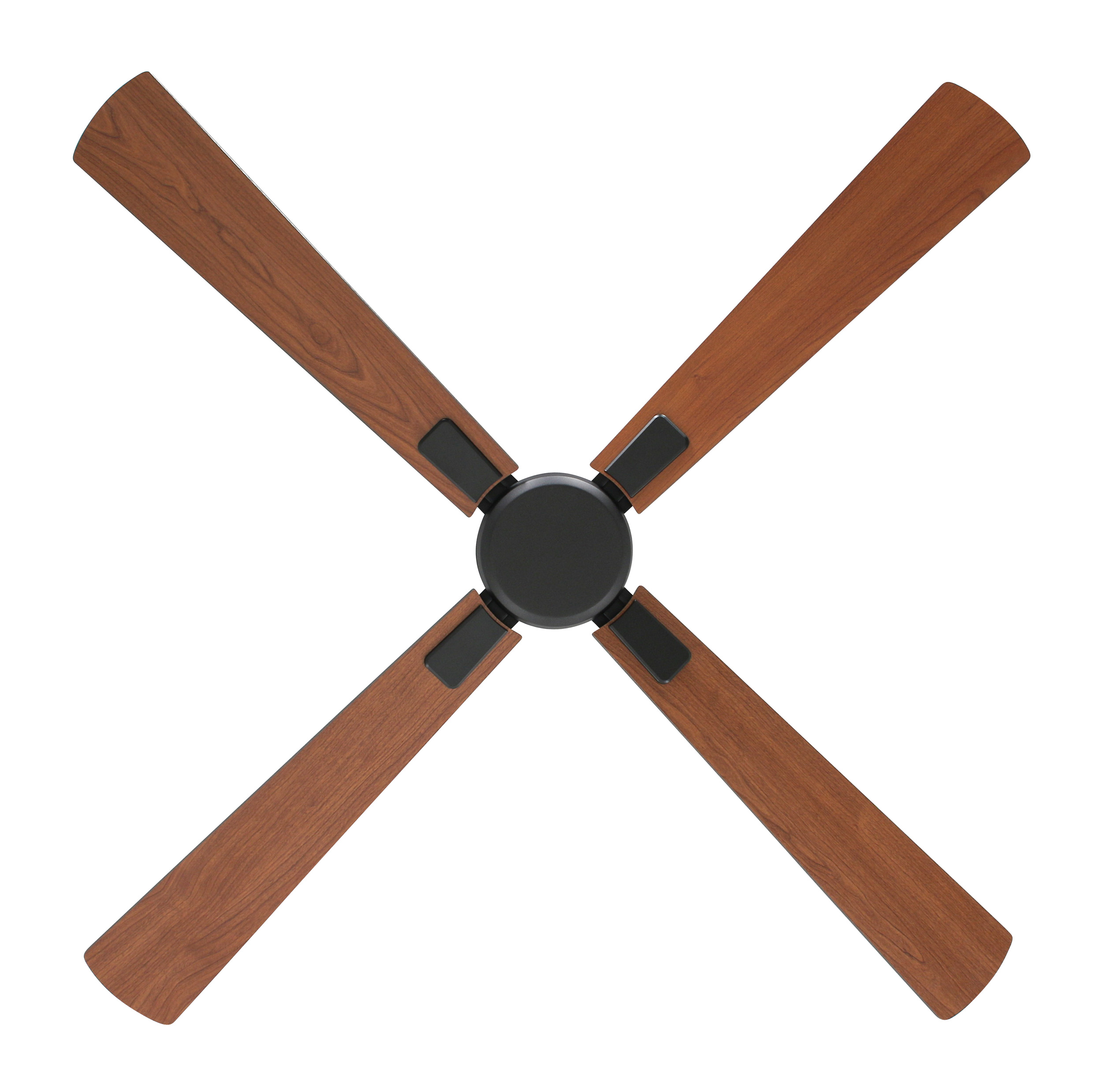 Un ventilatore a soffitto con quattro pale in legno disposte a croce, su sfondo bianco.