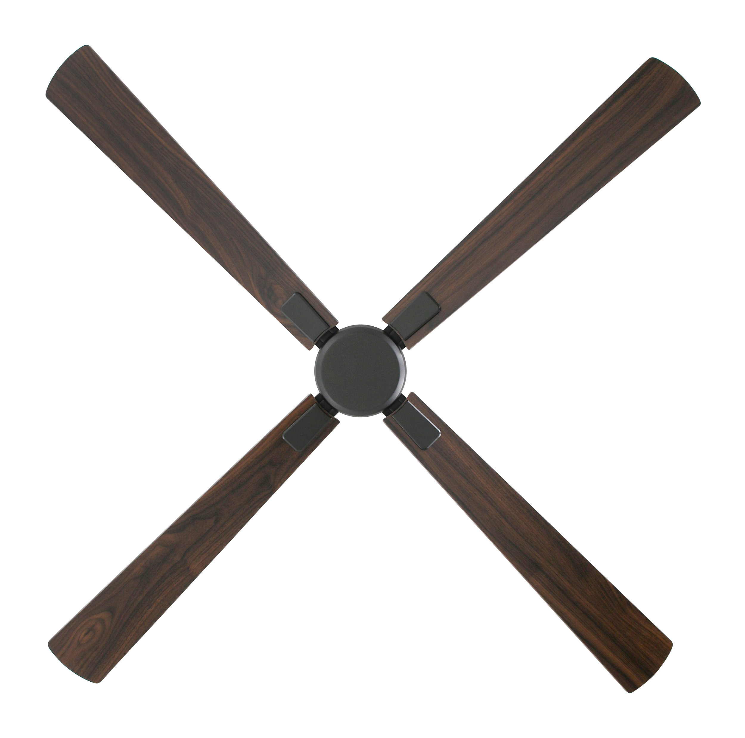 Ventilatore a soffitto con quattro pale in legno e un'illuminazione.