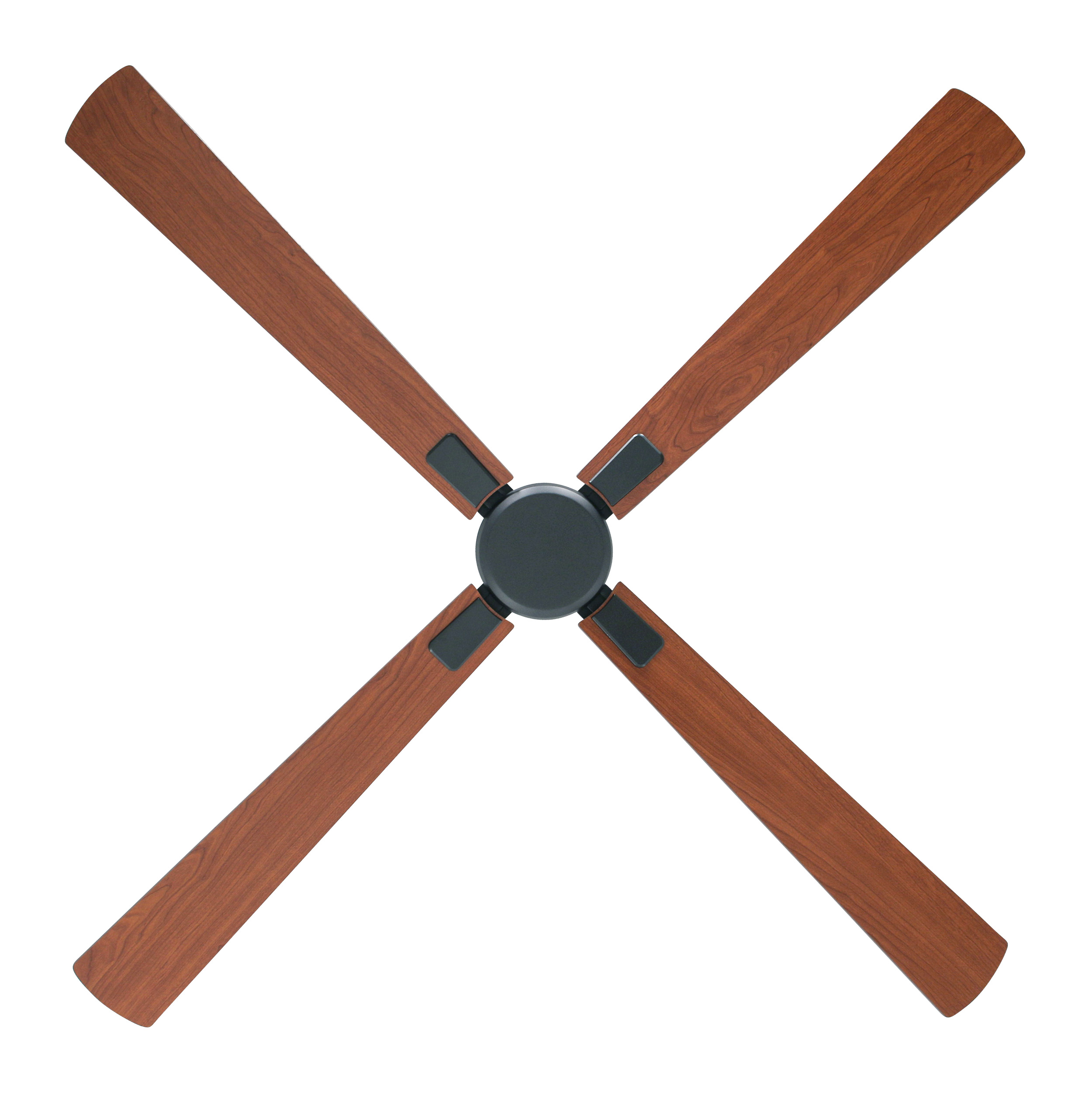 Ventilatore da soffitto a quattro pale con pale in legno marrone, centro nero e sfondo bianco.