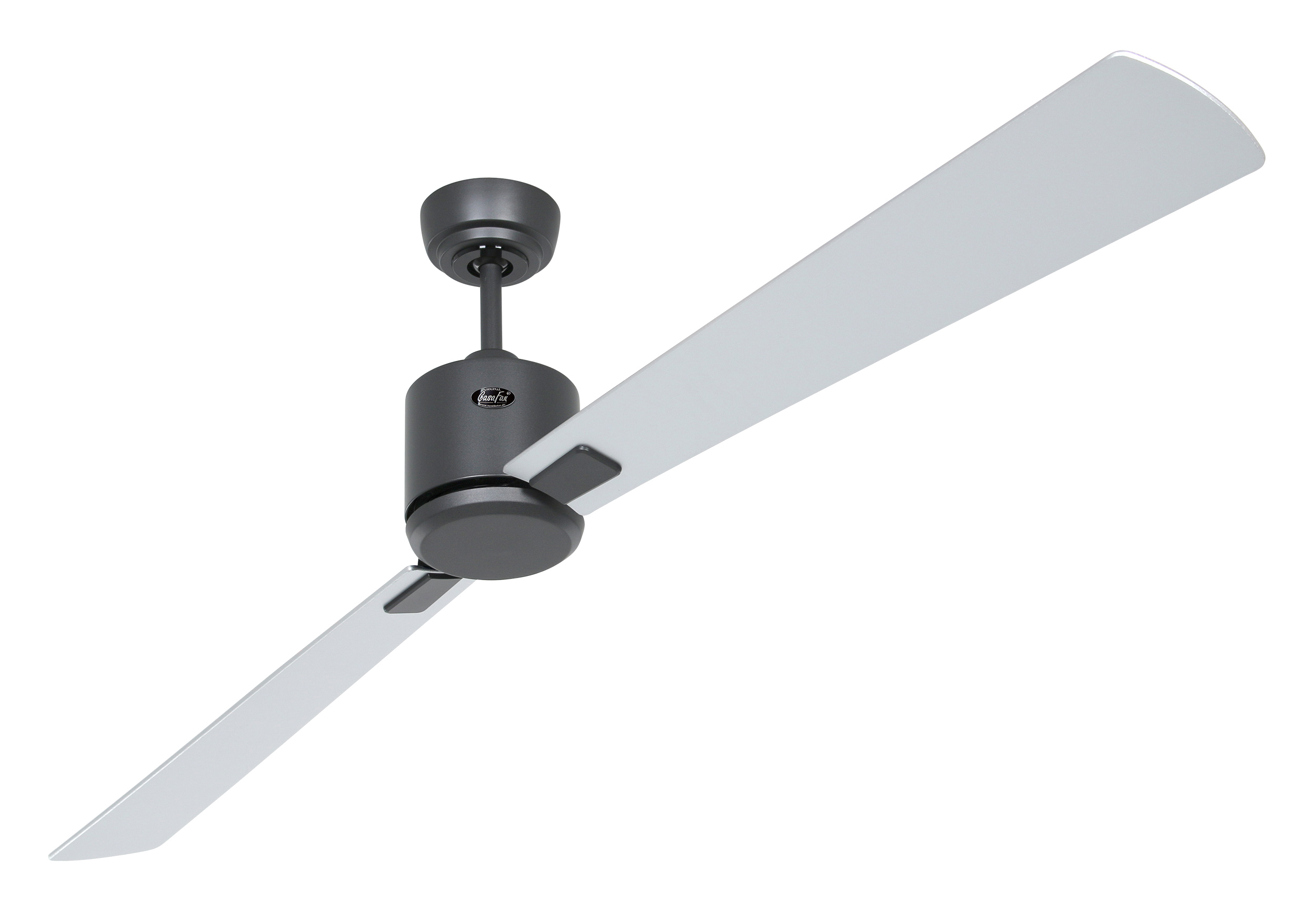 Ein Deckenventilator mit zwei weißen Flügeln und einem dunkelgrauen Motor.